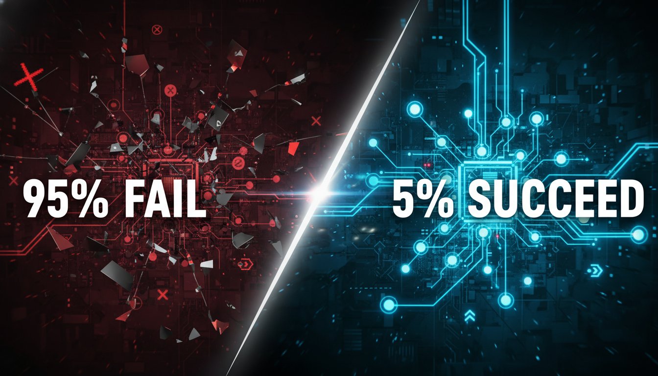 A dramatic split-screen composition showing the contrast between AI success and failure. Left side: chaotic, tangled network of broken AI agent connections in dark reds and grays, with error symbols and disconnected nodes floating in disarray. Right side: clean, organized multi-agent architecture with synchronized nodes glowing in electric blue and cyan, flowing smoothly with orchestrated precision. Center: a bold dividing line with '95% FAIL' on the chaotic side and '5% SUCCEED' on the organized side. Modern tech aesthetic with subtle circuit board patterns in the background. Cinematic lighting with dramatic shadows emphasizing the contrast. Professional enterprise technology style. Photorealistic rendering with clean, sharp details. The composition should evoke the severity of architecture decisions while maintaining a sleek, modern tech presentation.