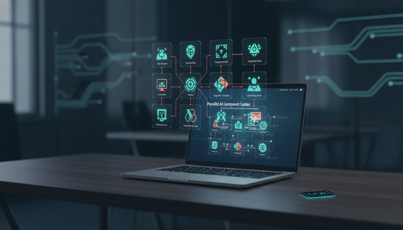 A modern, organized digital workspace showcasing AI tools and technology stack. Centered composition featuring a clean desk with a laptop displaying a dashboard of interconnected AI tools, each represented by floating holographic icons in a grid pattern above the screen. The tools are connected by subtle glowing lines suggesting integration and workflow. Color palette of deep navy blues, vibrant teals, and energizing coral accents. Professional lighting with soft shadows, giving depth to the floating elements. In the background, subtle geometric patterns suggesting data flow and automation. The overall mood is sophisticated, organized, and forward-thinking - conveying mastery over complexity rather than overwhelm. Include the Parallel AI logo (dark version) positioned naturally in the bottom right corner of the composition, integrated as part of the professional workspace aesthetic. Photorealistic style with modern tech startup vibes, 4K quality, shallow depth of field focusing on the central dashboard.
