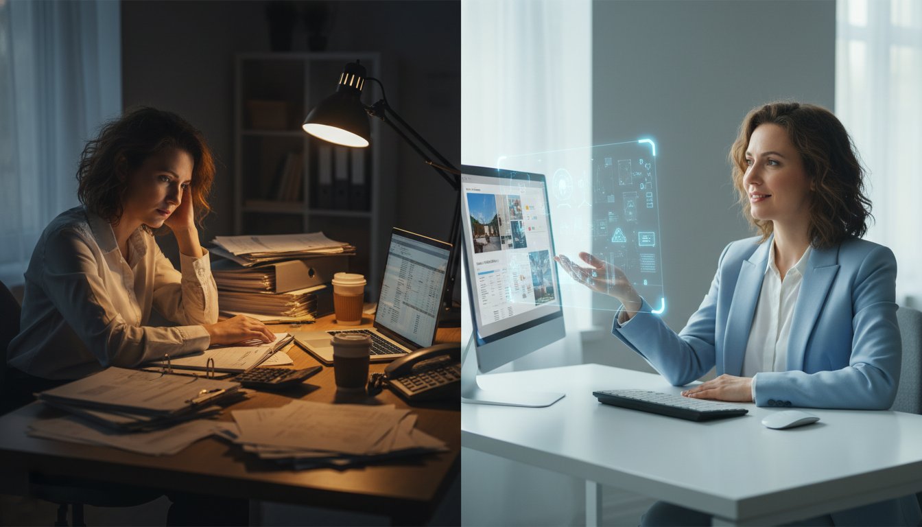 A split-screen composition showing contrast between traditional real estate work and AI-enhanced workflow. Left side: exhausted solo real estate agent late at night, surrounded by papers, laptop showing spreadsheets, coffee cups, warm desk lamp lighting creating dramatic shadows, cluttered desk with property documents and calculators. Right side: same agent during daytime, relaxed and confident, using a sleek interface with AI-generated listing materials displayed on screen, clean modern workspace, natural window lighting, minimalist desk setup. Color palette should emphasize the transformation - warmer, stressed tones on left transitioning to cooler, professional tones on right. Photorealistic style with cinematic lighting. Include subtle tech elements like holographic UI overlays on the right side to suggest AI assistance. Professional photography quality with shallow depth of field.