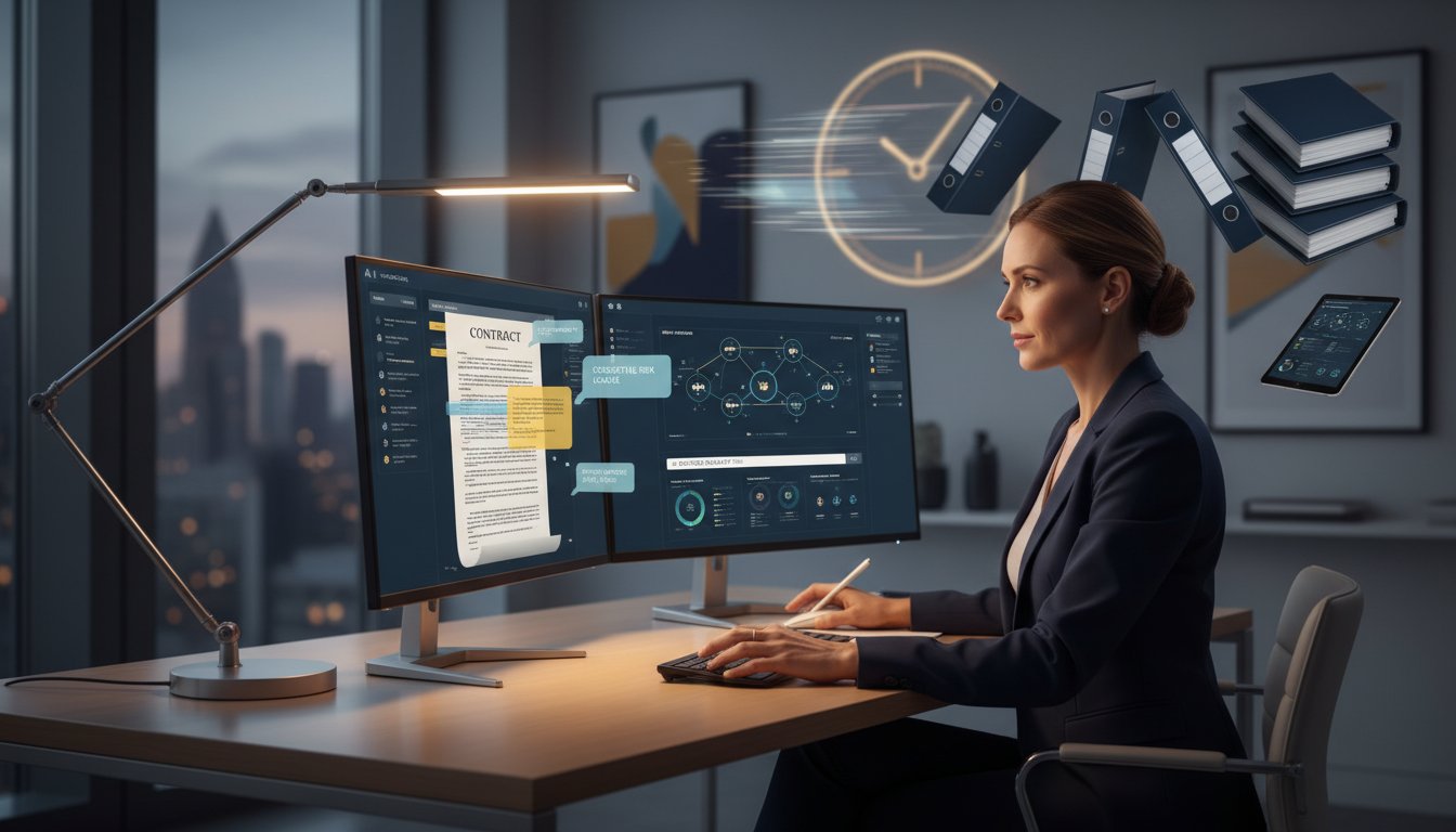 A professional solo legal consultant working efficiently at a modern desk with dual monitors displaying contract documents and AI interface. The scene shows a confident woman in business casual attire reviewing documents while AI-powered analytics overlay the screens with highlighted clauses and suggestions. Warm, professional lighting from a desk lamp creates focus on the workspace. In the background, subtle visual metaphors of time compression - perhaps a clock showing accelerated time or multiple contract stacks shrinking. The composition should convey transformation from overwhelmed to empowered, with clean lines and a professional color palette of navy blues, soft grays, and warm accent lighting. Modern, sleek office environment with minimalist design. The overall style should be polished and aspirational, showing the efficiency and capability that AI tools bring to solo practitioners. Photo-realistic rendering with slight cinematic quality, shallow depth of field focusing on the consultant and screens.