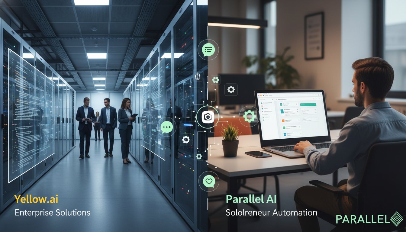 A modern split-screen comparison visualization showing two AI platforms side by side. On the left, a large enterprise office with servers and complex infrastructure representing Yellow.ai's enterprise focus - cool blue tones, formal corporate aesthetic. On the right, a sleek minimal workspace with a single laptop showing streamlined automation workflows representing Parallel AI's solopreneur-friendly approach - warm professional tones with hints of the brand's color palette. The center features a subtle dividing line with floating UI elements, chat bubbles, and automation icons flowing between both sides. Professional photography style with dramatic lighting, shallow depth of field on the center elements. The composition should convey choice and comparison while maintaining a sophisticated, business-oriented aesthetic. High-end tech photography style with bokeh background elements. Include the Parallel AI logo subtly in the bottom right corner for brand recognition, matching the professional dark color scheme.