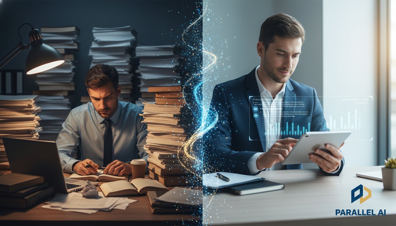 A sophisticated split-screen composition showing the transformation of legal work through AI. Left side: A stressed solo legal consultant surrounded by towering stacks of paper contracts, working late at night with multiple open law books and a glowing laptop, warm desk lamp creating dramatic shadows, cluttered desk with coffee cups. Right side: The same consultant in a bright, organized modern office during daytime, confidently reviewing a tablet with AI interface overlays showing contract analysis, clean minimalist desk, peaceful expression, natural window light. The center of the image features a subtle dividing line with flowing digital particles transitioning from chaos to order. Professional photography style with shallow depth of field, corporate color palette with deep blues and warm accent lighting. Incorporate Parallel AI branding elements in the bottom right corner using the provided logo, maintaining professional legal industry aesthetics while suggesting technological innovation.