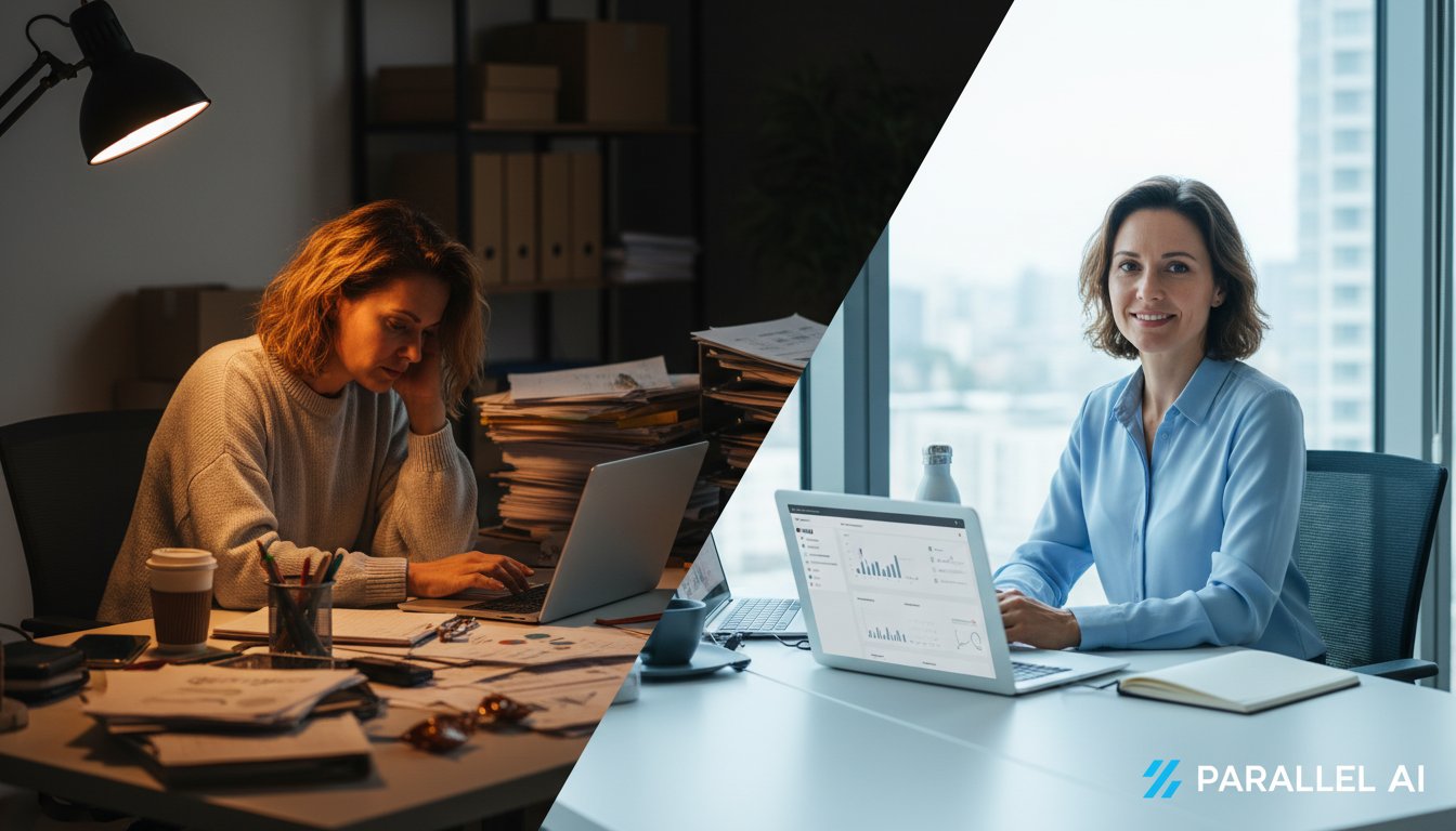 A split-screen composition showing the contrast between traditional and AI-powered event planning. Left side: A stressed solo event planner at 11 PM, surrounded by stacks of papers, multiple open laptops, coffee cups, dim desk lamp lighting creating dramatic shadows, representing overwhelm and traditional manual work. Right side: The same planner working confidently during daytime, single laptop with clean AI interface, organized workspace, natural window lighting, calm and efficient atmosphere. Modern professional photography style with cinematic color grading. The transition between sides should be seamless, using a subtle diagonal divide. Color palette: warm amber tones on the left transitioning to cool, professional blues on the right. Photorealistic quality, shallow depth of field on the planner, 4K resolution. Include subtle Parallel AI branding element in bottom right corner matching the style and colors of the Parallel AI logo - minimalist, professional, not overpowering the scene.