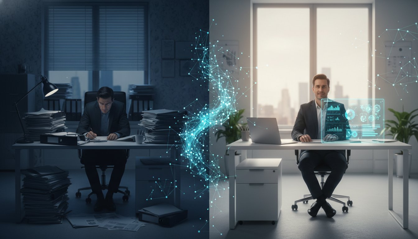 A sleek, modern split-screen composition showing the transformation of consulting work. Left side: A stressed solo consultant surrounded by towering stacks of paper reports, traditional office setting with dim, cool lighting suggesting late-night work. Right side: The same consultant working confidently at a minimalist desk with a single laptop, bright natural lighting streaming through large windows, a clean AI interface visible on the screen displaying strategy frameworks and data visualizations. The transformation is connected by a flowing, glowing AI neural network pattern that bridges both sides. Color palette: Deep navy blues transitioning to bright, energetic teals and whites on the right side. Professional, editorial photography style with cinematic depth of field. Include subtle geometric patterns in the background suggesting data and connectivity. Photorealistic, 8K quality, dramatic before-and-after composition that emphasizes efficiency and modern transformation.