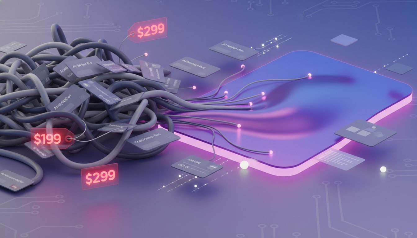 A modern, minimalist 3D illustration showing a chaotic tangle of colorful cables and subscription cards (representing different AI tools) transforming into a single, sleek, streamlined platform. The tangled side should be on the left, rendered in muted grays and blues with visible price tags ($99, $199, $299) floating around the cables. The right side shows the transformation into a clean, unified purple and blue gradient interface. In the background, a subtle circuit board pattern fades into a soft gradient. The composition should emphasize the contrast between complexity and simplicity. Use dramatic lighting with the unified side glowing with a soft purple light (matching Parallel AI brand colors). Include floating UI elements and data streams connecting to the unified platform. Style should be modern tech illustration with depth, soft shadows, and a professional SaaS aesthetic. The overall mood should convey relief and efficiency.