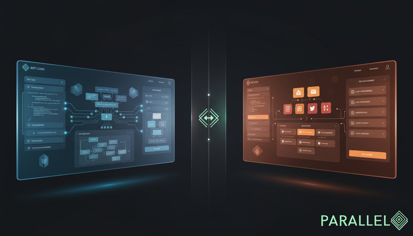 A sophisticated split-screen comparison visualization showing two distinct automation platforms. Left side: a technical, developer-focused interface with code snippets, API connections, and conversation flow diagrams in cool blue tones, representing a chatbot-centric approach. Right side: a comprehensive business automation dashboard with multiple integrated tools, workflow automation, white-label capabilities, and agency-friendly features in warm, professional tones. The center features a subtle dividing line with a decision point icon. The composition uses modern, clean UI design with depth and dimension, professional lighting with soft shadows. Incorporate the brand's color palette and modern aesthetic as shown in the reference logo - use similar sleek, tech-forward styling with professional gradients. Place the Parallel AI logo (dark mode version) subtly in the bottom right corner. 3D elements, glass morphism effects, and a sense of scale showing enterprise-level capability. Photorealistic rendering with attention to UI/UX details, conveying strategic business decision-making for agency owners.