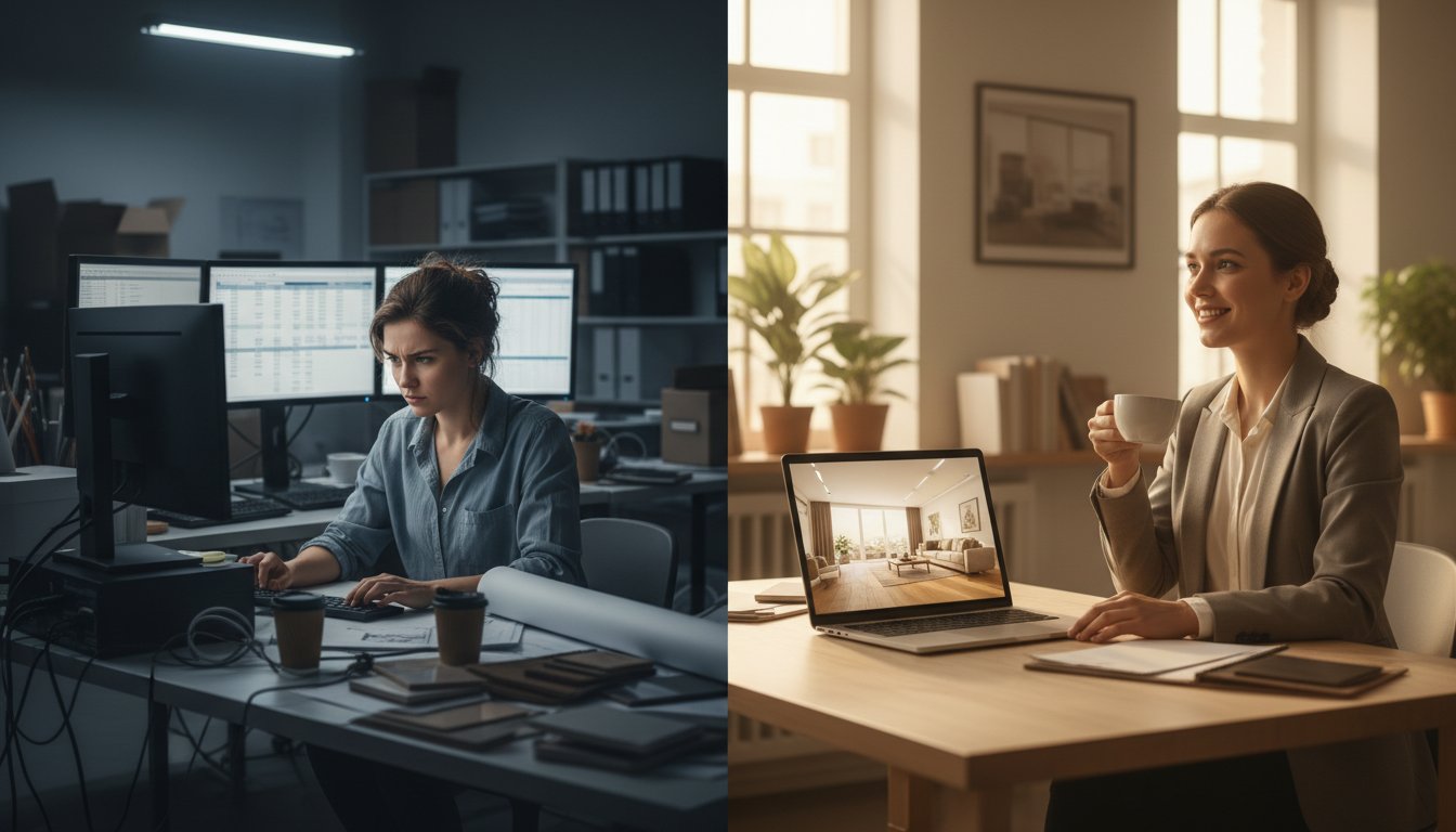 A split-screen composition showing the transformation of a solo interior designer's workflow. Left side: A stressed female designer at a cluttered desk surrounded by stacks of paper specifications, material samples, and multiple monitors showing spreadsheets and documents, dimly lit with overhead fluorescent lighting, appearing overwhelmed. Right side: The same designer, now relaxed and confident, sitting in a bright, modern workspace with a single sleek laptop, reviewing beautiful 3D visualizations on screen while holding a coffee cup, natural window lighting creating a warm, professional atmosphere. The background subtly transitions from chaos to clarity. Photorealistic style with warm, professional color grading. The composition should emphasize the before/after contrast while maintaining a cohesive, inspiring visual narrative. Hyper-detailed, modern professional photography style with shallow depth of field on the designer in both scenes.