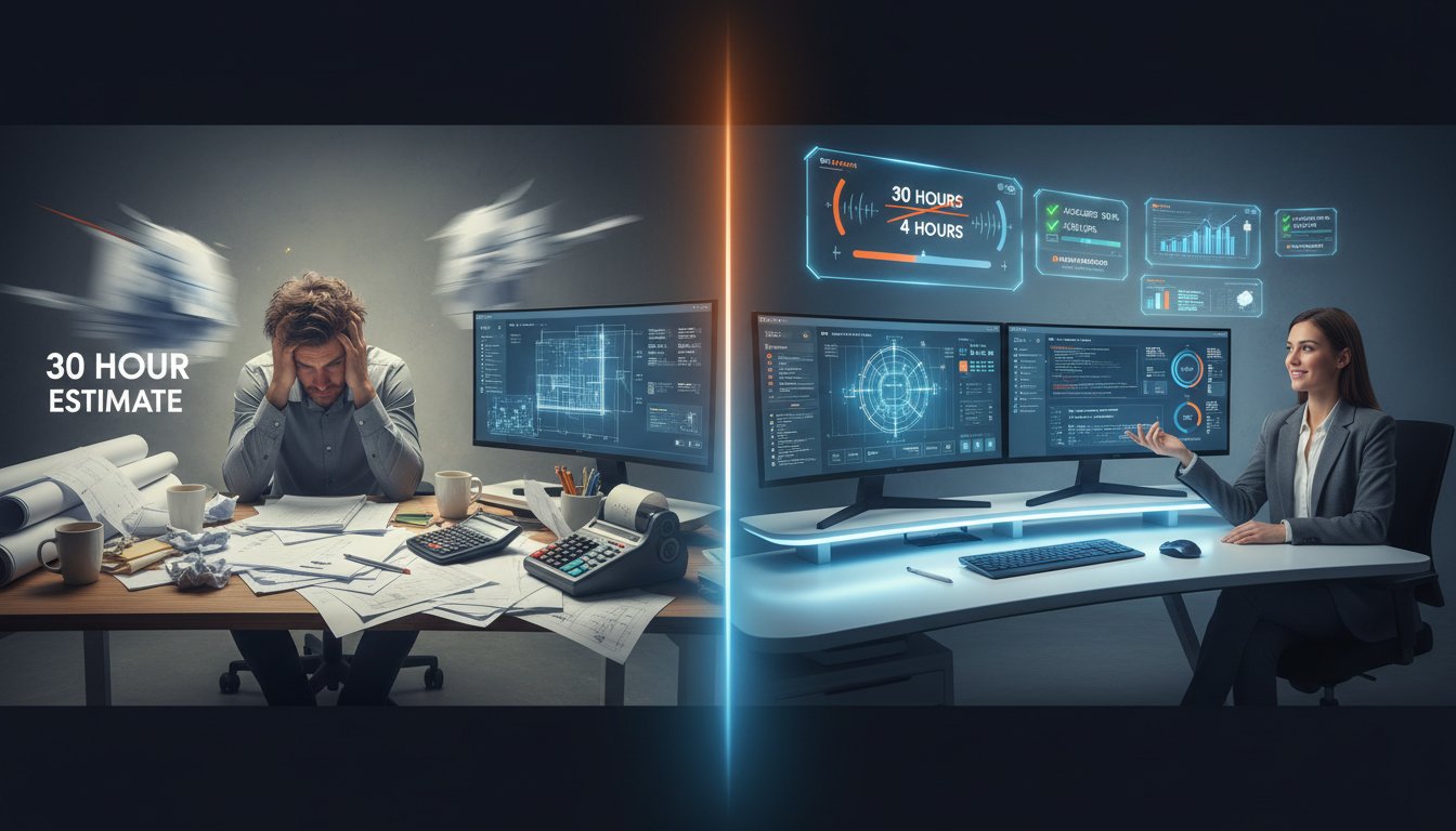 A professional construction consultant working efficiently at a modern desk with dual monitors displaying construction blueprints and AI-assisted proposal software. The scene is split visually: on one side, a cluttered desk with scattered papers, calculators, and stressed body language representing the old 30-hour process; on the other side, a streamlined, organized workspace with glowing AI interface elements showing automated estimating tools, with the consultant appearing confident and relaxed. Soft, professional lighting with warm tones. Clean, corporate photography style with a subtle futuristic tech overlay. Include floating holographic UI elements showing construction data, timelines compressed from 30 hours to 4 hours, and checkmarks indicating accuracy. The color palette should emphasize productivity blues, professional grays, and energetic accent colors. Photorealistic style with slight motion blur on the 'before' side and sharp clarity on the 'after' side to emphasize the transformation. Wide angle shot capturing the full workspace comparison.