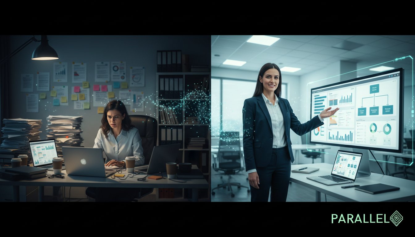 A sophisticated split-screen composition showing the transformation of HR consulting work. Left side: A stressed solo HR consultant surrounded by mountains of paperwork, multiple laptops, sticky notes, and coffee cups in a dimly lit home office at night, depicted in muted, desaturated colors. Right side: The same consultant in a bright, organized modern workspace during daytime, confidently presenting on a large monitor showing clean AI-powered dashboards and frameworks, with a single laptop and minimal clutter. The transition between the two sides should feature a subtle gradient with flowing digital particles suggesting AI transformation. Overhead lighting on the right side creates a hopeful, energized atmosphere. Modern corporate photography style with shallow depth of field. Include the Parallel AI logo (dark mode version) subtly placed in the bottom right corner, ensuring it complements the bright, organized right side of the image. Professional business photography aesthetic with cinematic lighting and high contrast between the before/after scenarios.