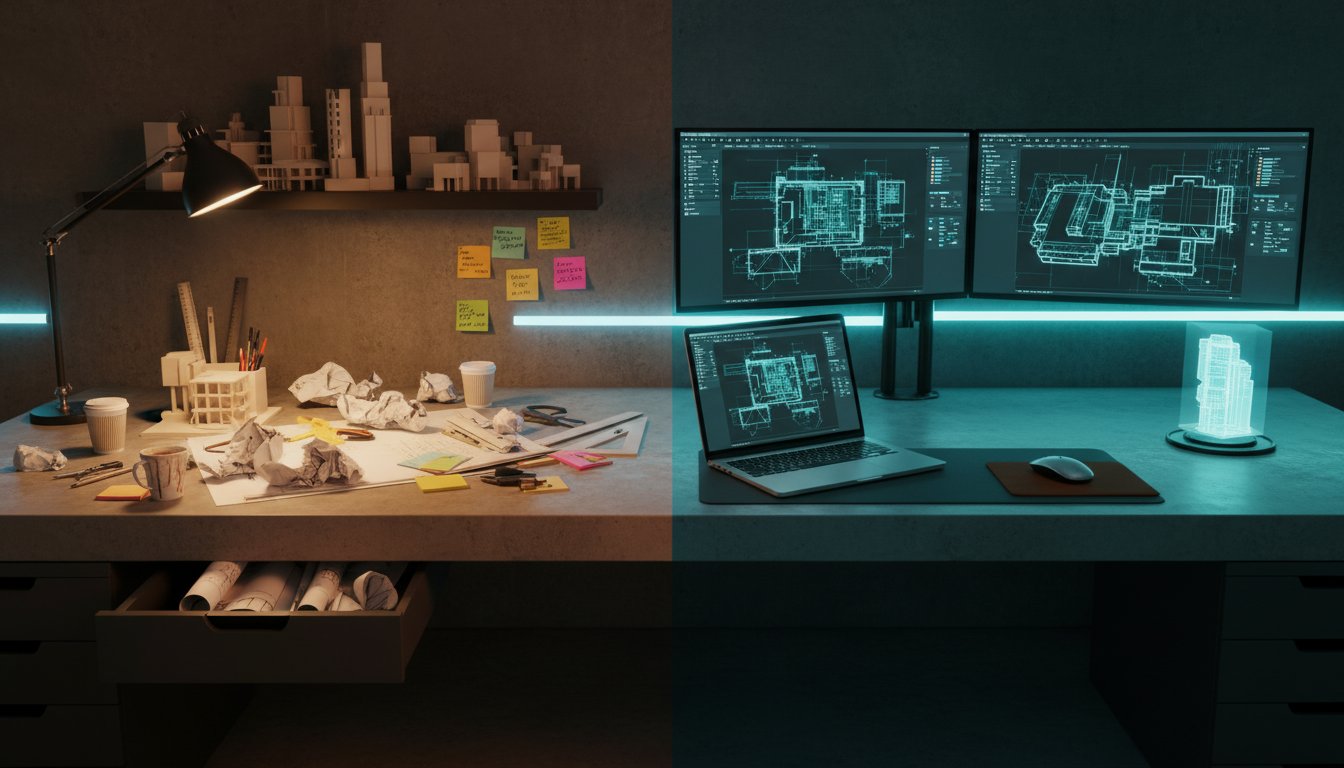 A modern, minimalist workspace showing a solo architect's desk with dual monitors displaying architectural CAD drawings and AI-assisted design tools. The scene is split compositionally - left side shows traditional chaos (scattered blueprints, coffee cups, sticky notes, cluttered desk) while right side shows streamlined efficiency (clean desk, organized digital workflow, single sleek laptop). Dramatic side lighting creates contrast between the two halves. Color palette: deep charcoal backgrounds with bright cyan and white accent lighting for the digital elements, warm amber tones for traditional side. Ultra-modern, tech-forward aesthetic with professional photography quality. Shallow depth of field focusing on the center divide. Include subtle architectural elements like miniature building models and drafting tools. The overall mood should convey transformation and efficiency.