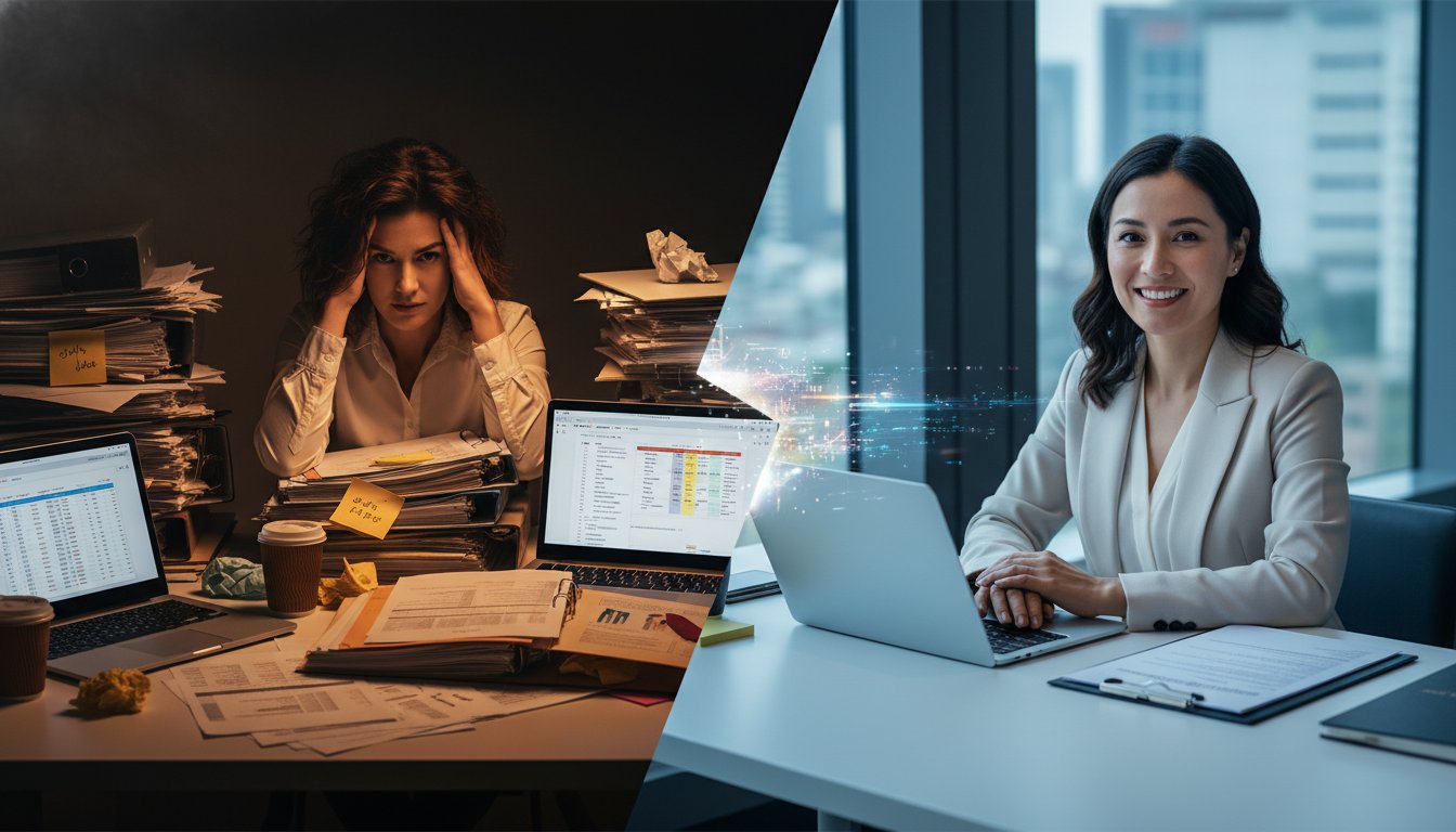 A split-screen composition showing the contrast between traditional and AI-powered event planning. Left side: A stressed solo event planner surrounded by mountains of paperwork, multiple open laptops, sticky notes, and vendor catalogs in warm, chaotic lighting with amber and orange tones. Right side: The same planner working calmly on a single sleek laptop with a confident smile, organized workspace with a single elegant proposal document, clean minimalist environment in cool, professional blues and whites. The transition between the two sides should be dramatic, like a before-and-after transformation. Photorealistic style with cinematic lighting. The right side should feel modern, efficient, and empowering. Ultra-detailed, professional photography quality, shallow depth of field focusing on the planner's face showing relief and confidence.