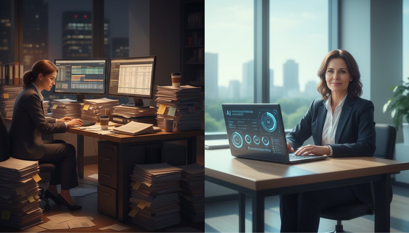A split-screen composition showing contrast between old and new financial planning methods. Left side: overwhelmed solo financial advisor at desk buried under stacks of paperwork, multiple open spreadsheets on dual monitors, coffee cups, late evening lighting through window, stressed posture, warm ambient office lighting. Right side: same advisor sitting confidently with a single sleek laptop, clean minimal desk, morning light streaming in, relaxed posture, modern AI interface visible on screen showing automated financial planning dashboards. Photorealistic style, professional business photography aesthetic, depth of field with focus on the advisor, corporate office environment, natural lighting, high-end commercial photography quality, color palette emphasizing the transition from chaos (warmer, cluttered tones) to clarity (cooler, clean tones). 16:9 aspect ratio optimized for blog header.
