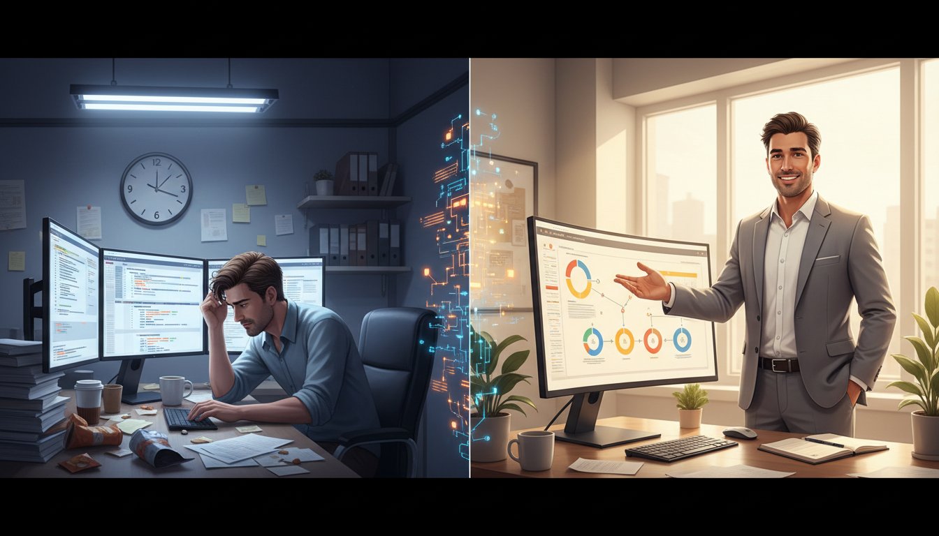 A split-screen composition showing the transformation of a solo consultant's workflow. LEFT SIDE: A stressed professional surrounded by multiple monitors, scattered papers, coffee cups, and a clock showing late night hours - rendered in muted, desaturated tones with harsh fluorescent lighting. RIGHT SIDE: The same professional in a bright, organized workspace, confidently presenting a polished strategic framework on a single sleek monitor, with natural daylight streaming in - rendered in vibrant, optimistic colors. The center divide features subtle AI network patterns that blend the two scenes together. The overall style should be modern, clean, and professional with a slight tech-forward aesthetic. Include warm skin tones and realistic office environments. Use a color palette that transitions from cool grays and blues (left) to warm whites and energetic accent colors (right). Photorealistic digital illustration style with cinematic lighting and shallow depth of field to emphasize the human element.