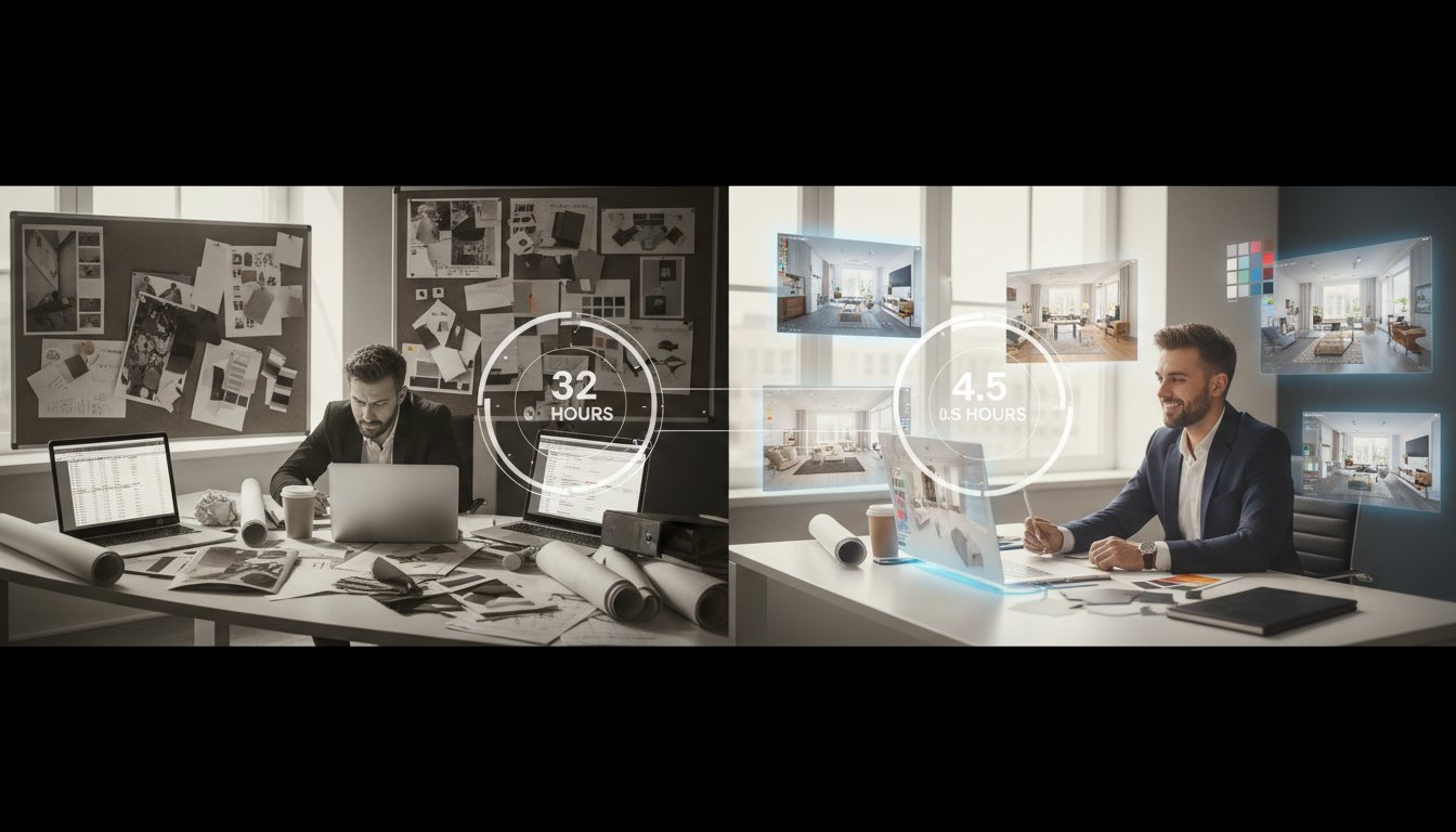 A split-screen composition showing the contrast between traditional and AI-enhanced interior design workflows. Left side: A stressed solo interior designer surrounded by physical mood boards, fabric swatches, stacks of specification sheets, and multiple open laptops showing vendor catalogs, rendered in muted, desaturated tones with dramatic shadows suggesting long work hours. Right side: The same designer working confidently with a sleek AI interface on a single screen, with holographic-style mood boards and 3D renders floating around them, bathed in bright, optimistic lighting with clean whites and energetic accent colors. The composition emphasizes the time compression concept with a subtle clock visualization showing 32 hours reducing to 4.5 hours. Modern, professional photography style with shallow depth of field, contemporary office setting with natural light. The overall aesthetic should convey efficiency, professionalism, and technological advancement while maintaining the creative, high-end nature of interior design work.