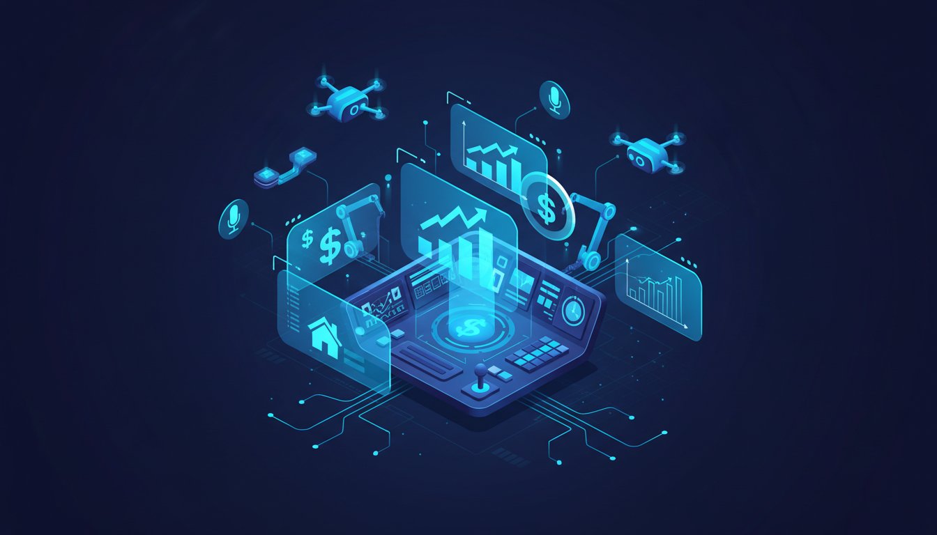 An abstract, tech-forward illustration representing AI automation and revenue generation for agencies. Center the composition around a stylized 3D isometric dashboard or control panel floating in space, with multiple screens and holographic elements emanating from it. Show visual metaphors for automation: connected nodes, flowing data streams, and robotic/AI elements working in the background. Include visual representations of revenue growth: ascending bar charts, upward arrows, and dollar signs integrated organically into the design. Use a modern color scheme of deep navy blue backgrounds with bright cyan, electric blue, and white accents. Add subtle geometric patterns and grid lines in the background. Include small icons or silhouettes representing different business types (real estate, coaching, local services) connected to the central AI hub. The style should be clean, modern, vector-based with smooth gradients and a slight 3D depth. Lighting should come from within the elements themselves, creating a glowing, futuristic atmosphere. The overall feel should be high-tech, professional, and convey the concept of automated systems working 24/7.
