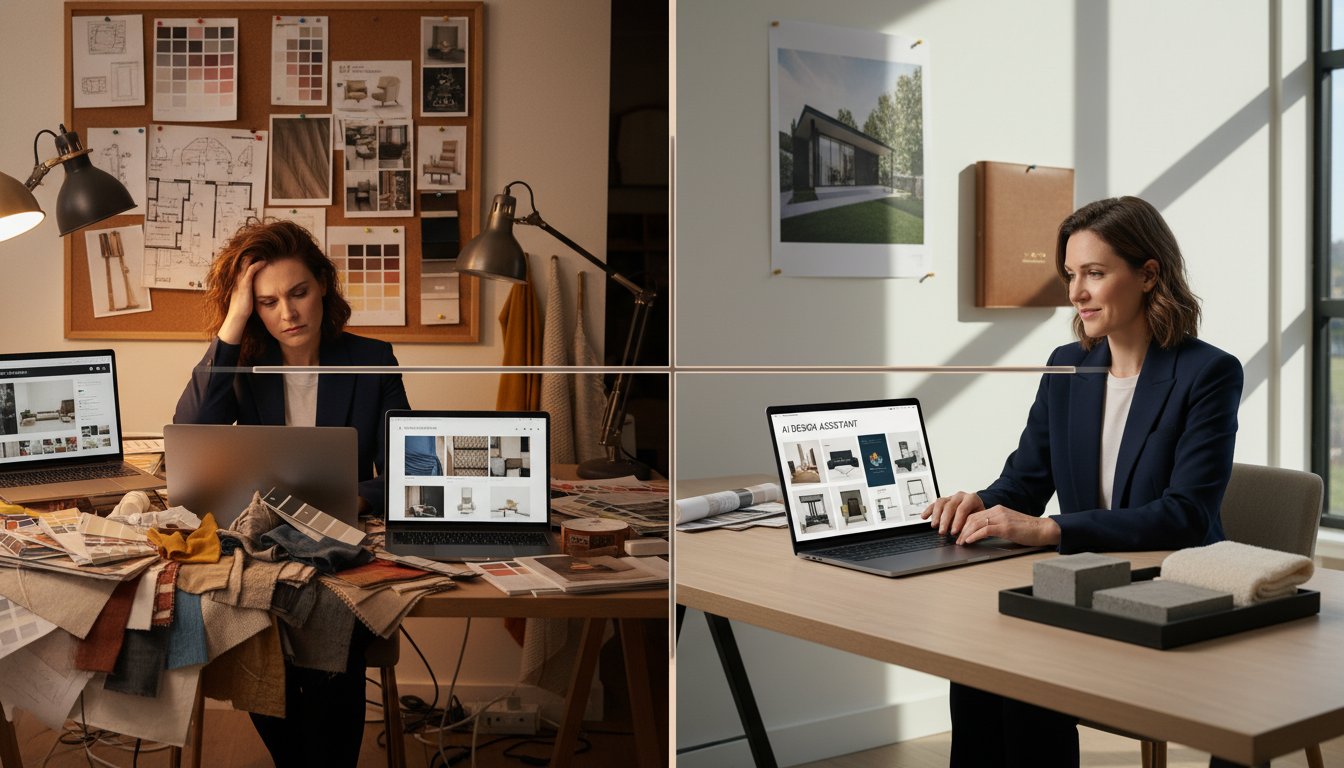 A split-screen composition showing the transformation of an interior designer's workflow. Left side: A stressed solo designer surrounded by scattered fabric swatches, paint samples, multiple open laptops with vendor websites, mood boards in progress, and scattered papers in a cluttered studio space with warm, chaotic lighting. Right side: The same designer working calmly in a clean, minimalist workspace with a single sleek laptop displaying an AI interface, organized digital mood boards on screen, confident posture, natural daylight streaming through large windows creating an airy, professional atmosphere. The transition between sides should be marked by a subtle gradient or elegant dividing line. The overall aesthetic should be modern, professional, and aspirational - using a color palette of deep navy blues, warm neutrals (cream, beige), and accent touches of sage green. Photorealistic style with cinematic lighting, sharp focus on the designer's face showing the contrast between stress and confidence. Include subtle design elements like architectural drawings, luxury furniture catalogs, and high-end material samples to establish the interior design context. 4K quality, professional photography aesthetic.