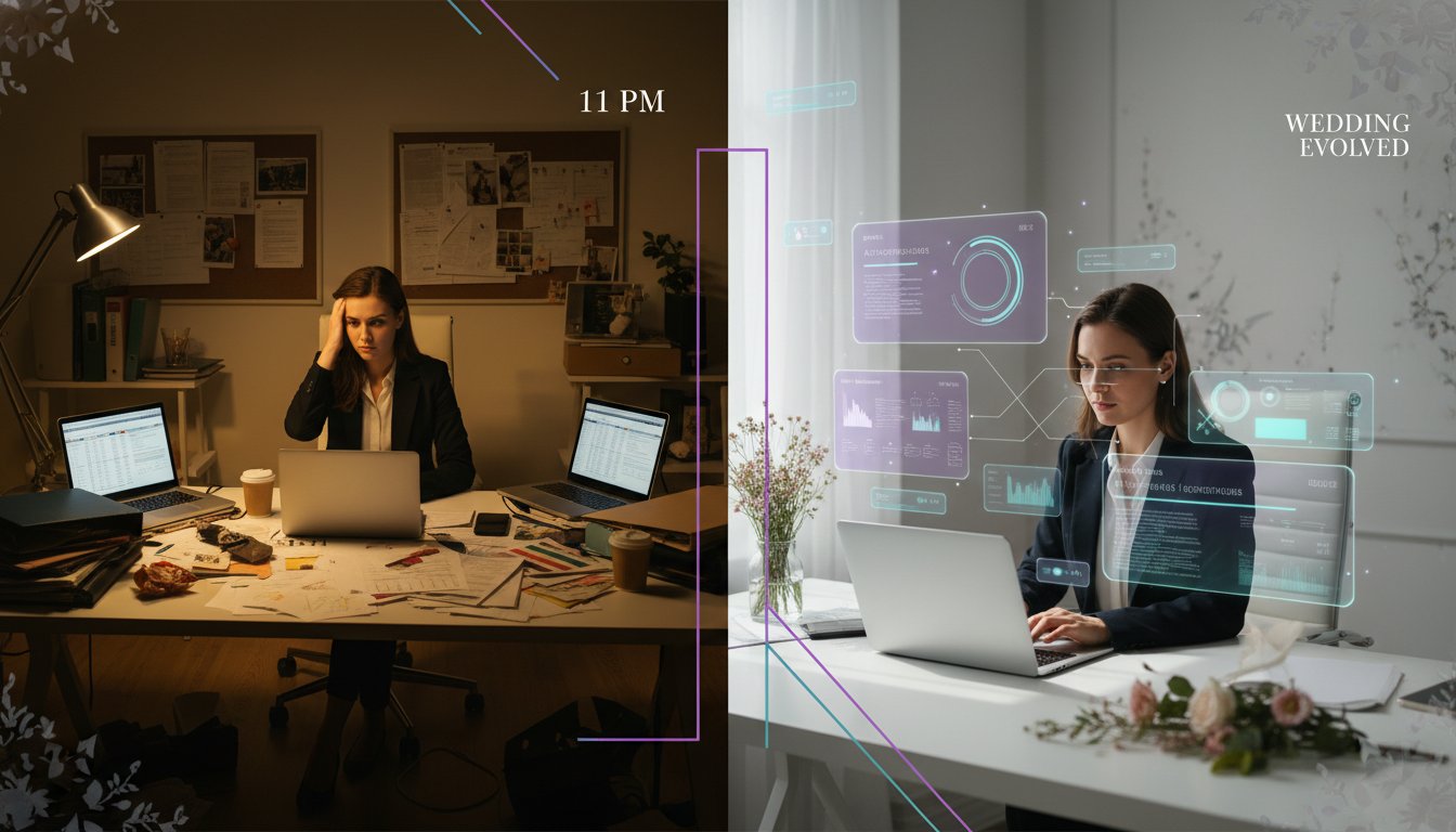 A modern, elegant split-screen composition showing the transformation of a wedding planner's workflow. Left side: A stressed solo wedding planner at 11 PM, surrounded by scattered papers, multiple open laptops, mood boards, and vendor catalogs in warm, chaotic lighting. Right side: The same planner in bright daylight, confidently working on a single sleek laptop with AI interface elements floating holographically around her, showing automated timelines and vendor coordination. The scene uses sophisticated purple and teal accent colors throughout, with clean geometric elements connecting both sides. Professional photography style with soft depth of field, cinematic lighting emphasizing the contrast between chaos and efficiency. Include subtle data visualization elements and timeline graphics floating in the organized side. High-end editorial quality, 8k resolution, modern business aesthetic with wedding industry touches like subtle floral elements and elegant typography in the background.