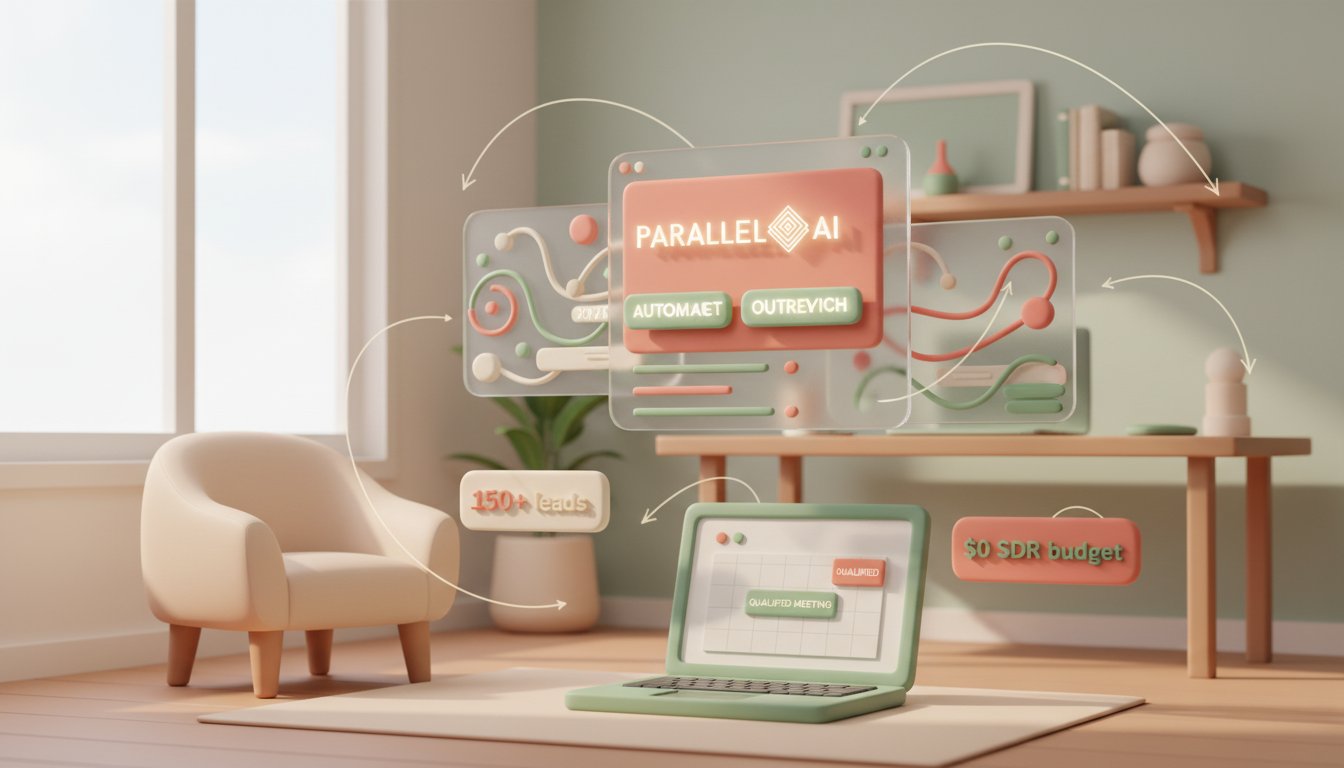 A sophisticated AI-powered sales dashboard floating in a modern workspace, displaying real-time lead qualification metrics and automated outreach sequences on holographic screens. In the foreground, a clean laptop showing a calendar being filled with qualified meetings automatically. The scene captures the essence of autonomous AI SDR agents working 24/7, with subtle motion lines indicating continuous activity. Background shows a minimalist home office setup representing solopreneurs. Incorporate the brand's claymation aesthetic with smooth, sculpted surfaces for the technology elements. Use warm pastel tones—soft coral, cream, and sage green—to create an inviting yet professional atmosphere. Gentle diffused lighting from a window creates soft shadows on the handcrafted-feeling clay elements. The composition is balanced with the dashboard centered, conveying efficiency and accessibility. Style should blend technological sophistication with the cozy, approachable charm of handmade textures. Include subtle indicators like "150+ leads" and "$0 SDR budget" as floating clay-textured UI elements --ar 16:9 --style raw --v 6 professional aesthetic of a modern AI platform, in AirBNB claymation style, soft pastel color palette with warm tones, gentle and playful textures, diffused natural lighting, balanced composition with centered focus, matte finish with handcrafted feel, warm inviting mood blending technological innovation with cozy charm --ar 16:9 --style raw --v 6