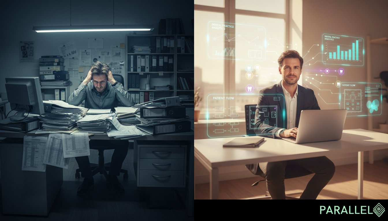 A split-screen photorealistic composition showing transformation in a dental practice. Left side: A stressed solo consultant surrounded by mountains of paperwork, financial spreadsheets, and compliance documents in dim, cold fluorescent office lighting, appearing overwhelmed. Right side: The same consultant confidently working on a sleek laptop with holographic AI interface elements floating around them, warm natural lighting streaming through windows, organized digital workspace with minimal physical documents. The AI interface shows dental practice analytics, workflow diagrams, and patient flow charts in a futuristic yet professional style. Color palette emphasizes the contrast between old (muted grays, blues) and new (warm whites, energetic teals and purples). Ultra-detailed, professional photography style with shallow depth of field. Include subtle elements of dental practice imagery (tooth icons, practice floor plans) in the AI interface. Brand logo should be placed in bottom right corner using dark mode logo for the warm-toned modern side. Cinematic lighting, high contrast, 4K quality.