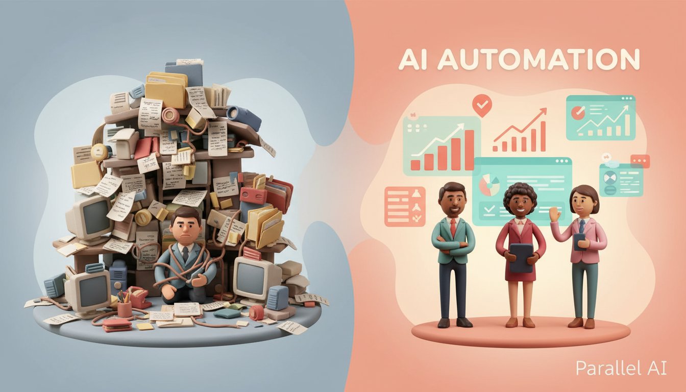 A split-screen comparison visual: left side shows an overwhelmed sales professional buried under papers and manual tasks in muted gray tones, right side shows an empowered modern sales team leveraging AI automation with vibrant colors, confident poses, streamlined digital workflows, and upward-trending growth metrics, clear before-and-after narrative, professional business photography style meets digital illustration, emphasis on transformation and competitive advantage, dynamic composition with strong visual contrast between old and new methods. Include subtle Parallel AI branding element positioned naturally in the bottom right corner of the modern/right side. In AirBNB claymation style, soft pastel color palette with warm tones, gentle and playful textures, diffused natural lighting, balanced composition with centered focus, matte finish with handcrafted feel, warm inviting mood blending technological innovation with cozy charm --ar 16:9 --style raw --v 6 professional aesthetic of a modern AI platform, in AirBNB claymation style, soft pastel color palette with warm tones, gentle and playful textures, diffused natural lighting, balanced composition with centered focus, matte finish with handcrafted feel, warm inviting mood blending technological innovation with cozy charm --ar 16:9 --style raw --v 6