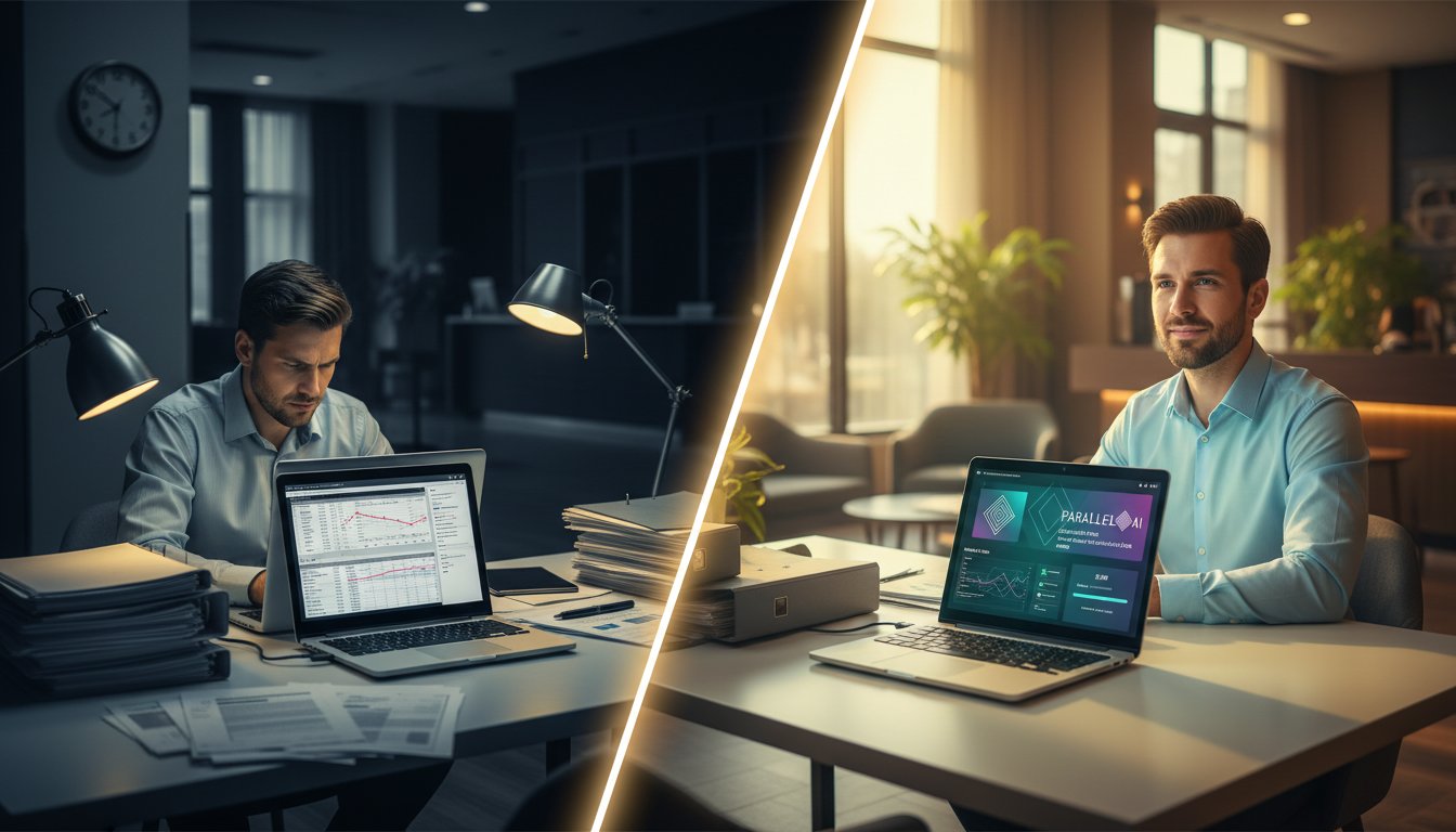 A split-screen composition showing the transformation of hospitality consulting work. Left side: A stressed solo consultant surrounded by mountains of papers, multiple open laptop screens showing spreadsheets and review data, working late at night in dim lighting with a clock showing 11:47 PM. Right side: The same consultant in bright daylight, relaxed and confident, with a single sleek laptop displaying an elegant AI dashboard with clean data visualizations and automated insights, clock showing early afternoon. The transition between sides should feel dramatic and hopeful. Modern, professional photography style with high contrast between the 'before' chaos and 'after' clarity. Color palette should emphasize the transformation: cool blues and grays on the left (representing struggle), warm golds and vibrant teals on the right (representing success and efficiency). Include subtle hotel/resort imagery in the background - reception desks, room interiors - to anchor the hospitality context. Photorealistic, corporate yet aspirational tone, magazine-quality lighting. Incorporate Parallel AI's brand colors subtly in the 'after' side through the interface design and ambient lighting.