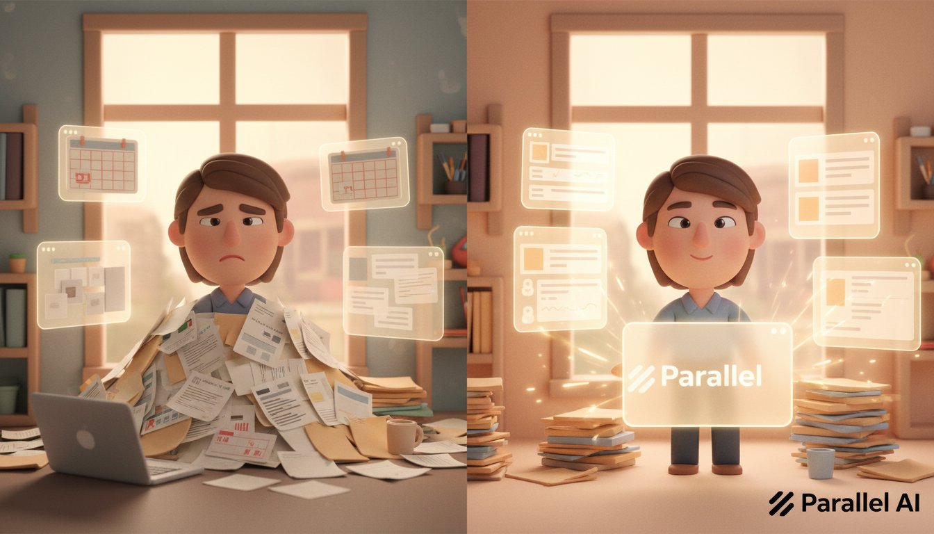 A stressed solo nonprofit consultant sitting at a desk surrounded by multiple glowing holographic screens showing grant proposals, calendar deadlines, and funding documents, with a warm glow emanating from an AI assistant interface that's helping organize and streamline the work. The consultant transitions from overwhelmed (left side, darker tones) to relieved and confident (right side, brighter tones). Modern home office setting with natural lighting through a window, laptop open, coffee cup, scattered papers transforming into organized digital workflows. Split-screen composition showing 'before chaos' versus 'after AI assistance' with soft transitions. Incorporate the Parallel AI logo subtly in the bottom right corner using the dark mode version against the lighter background elements. Cinematic lighting with warm afternoon sun rays, shallow depth of field focusing on the consultant's expression of relief, professional yet approachable aesthetic. professional aesthetic of a modern AI platform, in AirBNB claymation style, soft pastel color palette with warm tones, gentle and playful textures, diffused natural lighting, balanced composition with centered focus, matte finish with handcrafted feel, warm inviting mood blending technological innovation with cozy charm --ar 16:9 --style raw --v 6