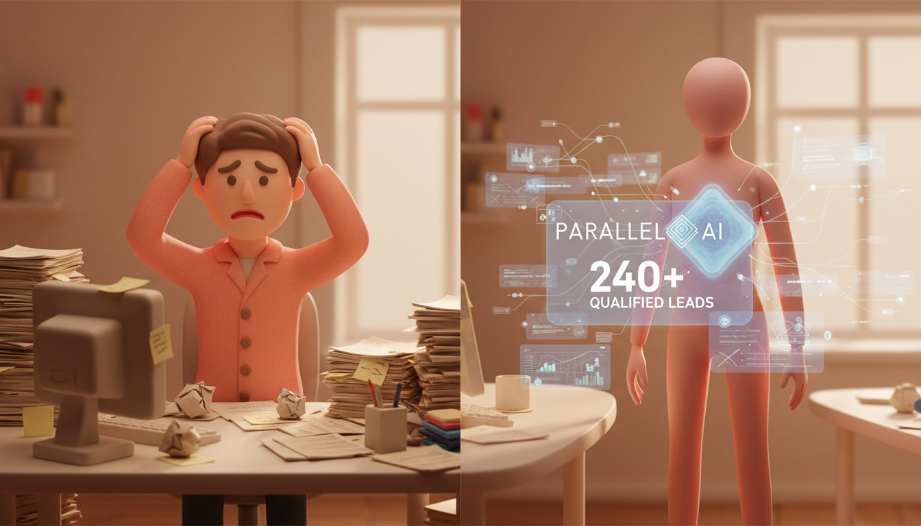 A sophisticated AI-powered sales dashboard displaying autonomous agent activity, featuring holographic data streams and lead qualification metrics floating above a sleek modern desk, warm ambient lighting highlighting the interface, split composition showing human SDR on left (stressed, overwhelmed with papers) versus AI SDR agent on right (clean, efficient, glowing data flows), soft pastel color palette with warm coral and cream tones, gentle claymation-style textures on 3D elements, handcrafted feel with matte finish, professional yet approachable aesthetic, diffused natural lighting creating depth, centered focus on the AI agent interface with 240+ leads visualization, cozy technological atmosphere blending innovation with warmth --ar 16:9 --style raw --v 6 professional aesthetic of a modern AI platform, in AirBNB claymation style, soft pastel color palette with warm tones, gentle and playful textures, diffused natural lighting, balanced composition with centered focus, matte finish with handcrafted feel, warm inviting mood blending technological innovation with cozy charm --ar 16:9 --style raw --v 6