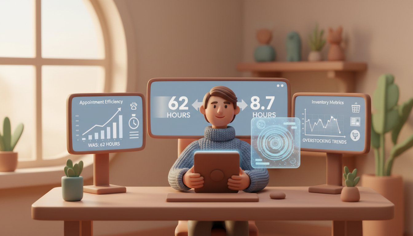 A professional veterinary consultant working at a modern desk with multiple monitors displaying data analytics dashboards, one screen showing appointment scheduling efficiency graphs, another displaying inventory metrics with declining overstocking trends. The consultant is thoughtfully reviewing insights on a tablet while a subtle AI interface hologram floats nearby showing automated analysis patterns. The scene should convey the transformation from manual overwhelm to AI-assisted efficiency. Warm, natural lighting from a nearby window creates a productive yet calm atmosphere. Include visual elements suggesting time compression - perhaps a split-screen effect showing '62 hours' on one side fading to '8.7 hours' on the other. The color palette should emphasize professional trust with warm blues and soft earth tones. Professional aesthetic of a modern AI platform, in AirBNB claymation style, soft pastel color palette with warm tones, gentle and playful textures, diffused natural lighting, balanced composition with centered focus, matte finish with handcrafted feel, warm inviting mood blending technological innovation with cozy charm --ar 16:9 --style raw --v 6 professional aesthetic of a modern AI platform, in AirBNB claymation style, soft pastel color palette with warm tones, gentle and playful textures, diffused natural lighting, balanced composition with centered focus, matte finish with handcrafted feel, warm inviting mood blending technological innovation with cozy charm --ar 16:9 --style raw --v 6