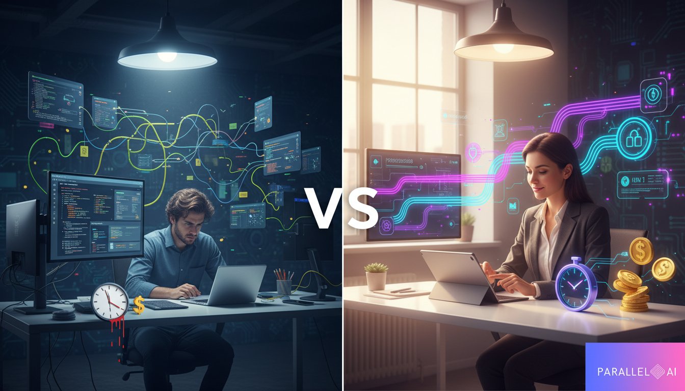 A dramatic split-screen composition showing two contrasting pathways in business automation. Left side: A cluttered, technical workspace with tangled code snippets, complex database diagrams, and overwhelmed developer at desk with multiple monitors showing Retool's interface, dark blues and grays, harsh fluorescent lighting creating stress. Right side: A clean, streamlined workspace with a confident entrepreneur using a sleek dashboard, smooth automated workflows flowing like rivers of light, vibrant purples and teals, natural daylight creating calm confidence. Center dividing line features versus symbol (VS) in bold typography. Modern tech aesthetic with isometric elements, professional business photography style meets digital illustration. Foreground includes symbolic elements: clock showing time savings, dollar signs representing ROI, and smooth automation pathways. Background has subtle circuit board patterns suggesting technology. Cinematic lighting with dramatic contrast between chaos and clarity. Include small Parallel AI branding element in bottom right corner, incorporating the brand's color palette of purples and modern tech aesthetic. Professional, aspirational tone that speaks to micro-agency decision-makers. 8K quality, ultra-detailed, corporate tech photography style.