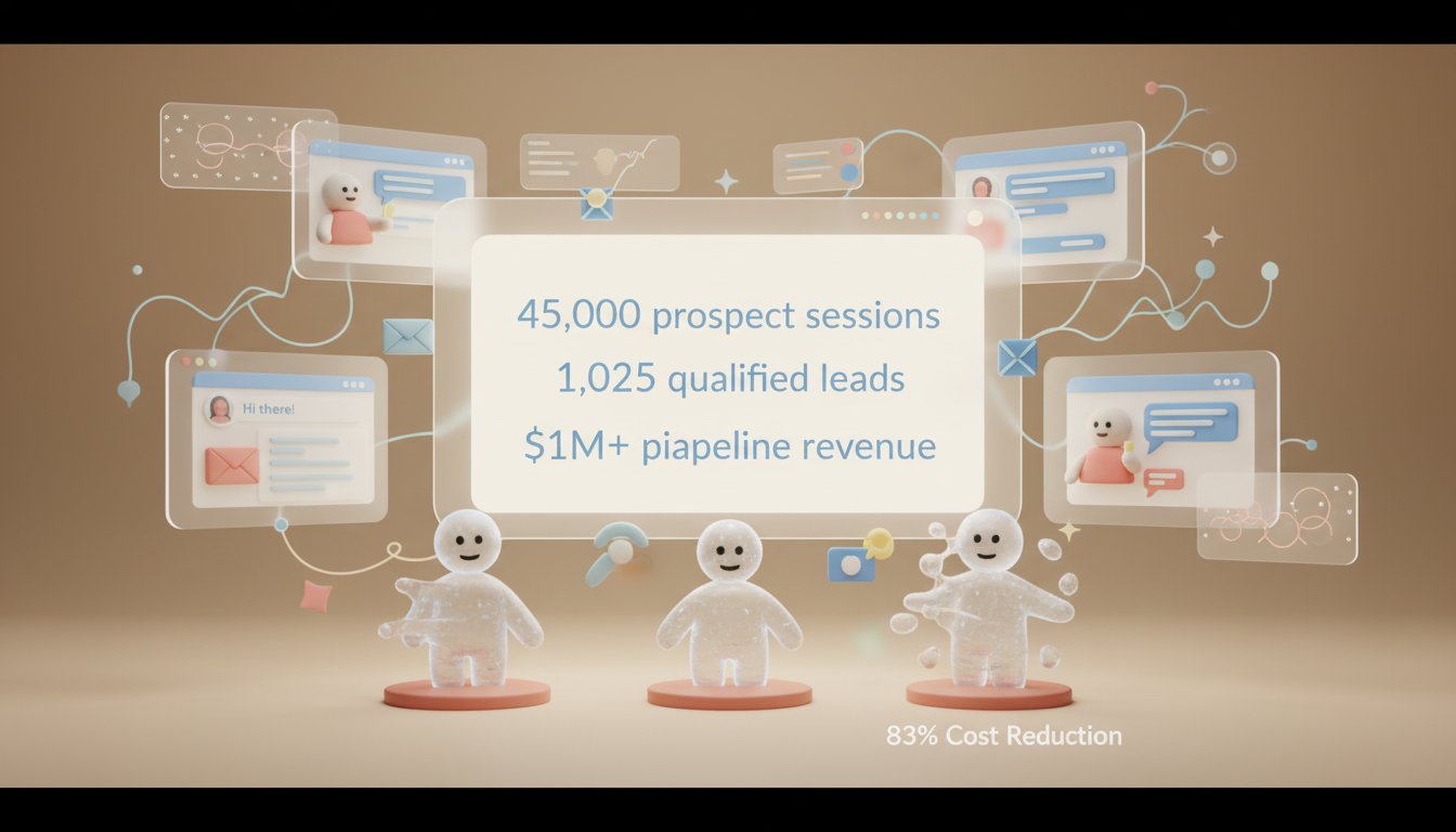 A sophisticated AI-powered business development workspace showing autonomous AI agents working across multiple digital channels simultaneously. Center focus on a holographic dashboard displaying real-time metrics: '45,000 prospect sessions', '1,025 qualified leads', '$1M+ pipeline revenue'. Surrounding the dashboard are floating translucent screens showing AI agents engaging prospects via email, LinkedIn, and chat interfaces. In the foreground, sculptural representations of traditional BDR figures fading into transparent forms, symbolizing the 83% cost reduction. The scene should have a warm, approachable feel with soft pastel blues, corals, and creams. Include subtle geometric patterns and data visualizations flowing through the space. Lighting should be soft and diffused, creating an inviting atmosphere that balances cutting-edge technology with accessibility. Clay-like textures on the AI agent representations give a handcrafted, trustworthy feel. The composition should convey scale and efficiency while maintaining warmth and approachability. Professional aesthetic of a modern AI platform, in AirBNB claymation style, soft pastel color palette with warm tones, gentle and playful textures, diffused natural lighting, balanced composition with centered focus, matte finish with handcrafted feel, warm inviting mood blending technological innovation with cozy charm --ar 16:9 --style raw --v 6 professional aesthetic of a modern AI platform, in AirBNB claymation style, soft pastel color palette with warm tones, gentle and playful textures, diffused natural lighting, balanced composition with centered focus, matte finish with handcrafted feel, warm inviting mood blending technological innovation with cozy charm --ar 16:9 --style raw --v 6