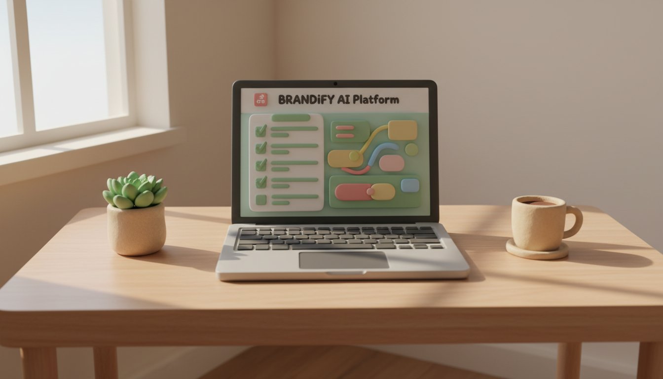 A clean, modern workspace showing a laptop screen displaying a white-label AI platform dashboard with customizable branding options, the screen shows a split view with a checklist on one side and colorful interface elements on the other, soft natural lighting from a window creates gentle shadows across a minimalist desk, small potted succulent and coffee mug add warmth, the composition is shot from a slightly elevated angle showing both screen and workspace, the color palette features soft pastels with warm beige and sage green tones, subtle textures of wood grain desk and matte laptop finish, professional yet approachable atmosphere that conveys both technical capability and accessibility, handcrafted quality with smooth claymation-style rendering of interface elements, cozy innovation mood balancing productivity with comfort --ar 16:9 --style raw --v 6, in AirBNB claymation style, soft pastel color palette with warm tones, gentle and playful textures, diffused natural lighting, balanced composition with centered focus, matte finish with handcrafted feel, warm inviting mood blending technological innovation with cozy charm --ar 16:9 --style raw --v 6 professional aesthetic of a modern AI platform, in AirBNB claymation style, soft pastel color palette with warm tones, gentle and playful textures, diffused natural lighting, balanced composition with centered focus, matte finish with handcrafted feel, warm inviting mood blending technological innovation with cozy charm --ar 16:9 --style raw --v 6