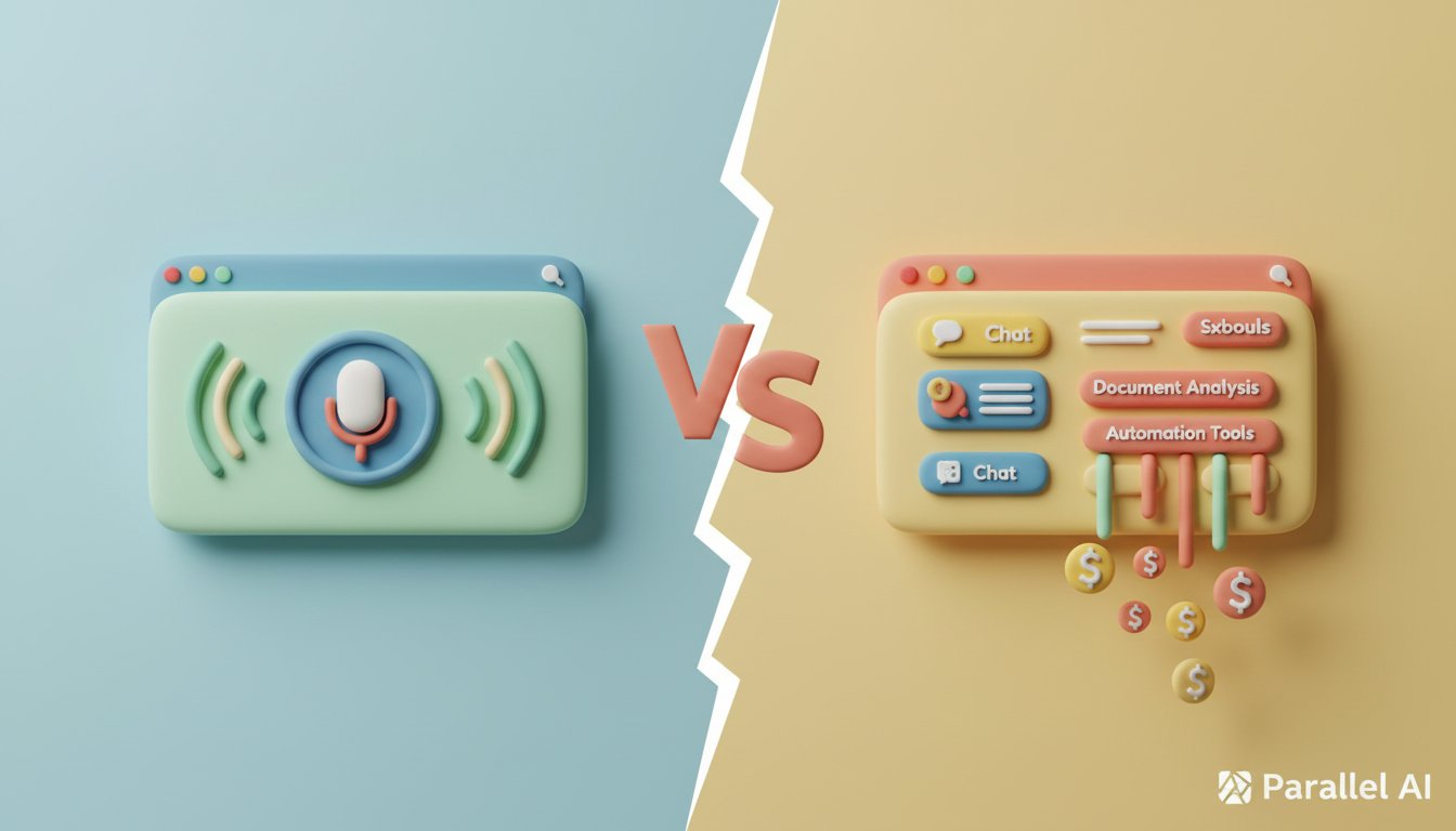 Split-screen comparison visualization showing two distinct AI platforms, left side displays a minimalist voice-only interface with a single microphone icon and sound waves in cool blues, right side shows a comprehensive dashboard with multiple AI capabilities including chat, document analysis, and automation tools in warm inviting tones, the center features a dramatic versus symbol or dividing line, incorporate floating revenue metrics and dollar signs cascading from the comprehensive platform side, modern tech aesthetic with depth and dimension, sophisticated lighting that highlights the contrast between limited and unlimited potential, bottom right corner features subtle Parallel AI branding, professional business-focused composition that emphasizes the opportunity cost of choosing single-purpose solutions, in AirBNB claymation style, soft pastel color palette with warm tones, gentle and playful textures, diffused natural lighting, balanced composition with centered focus, matte finish with handcrafted feel, warm inviting mood blending technological innovation with cozy charm --ar 16:9 --style raw --v 6 professional aesthetic of a modern AI platform, in AirBNB claymation style, soft pastel color palette with warm tones, gentle and playful textures, diffused natural lighting, balanced composition with centered focus, matte finish with handcrafted feel, warm inviting mood blending technological innovation with cozy charm --ar 16:9 --style raw --v 6 (with template: pngtree-d-realistic-wooden-art-frame-held-by-human-hand-on-transparent-png-image_14808244)