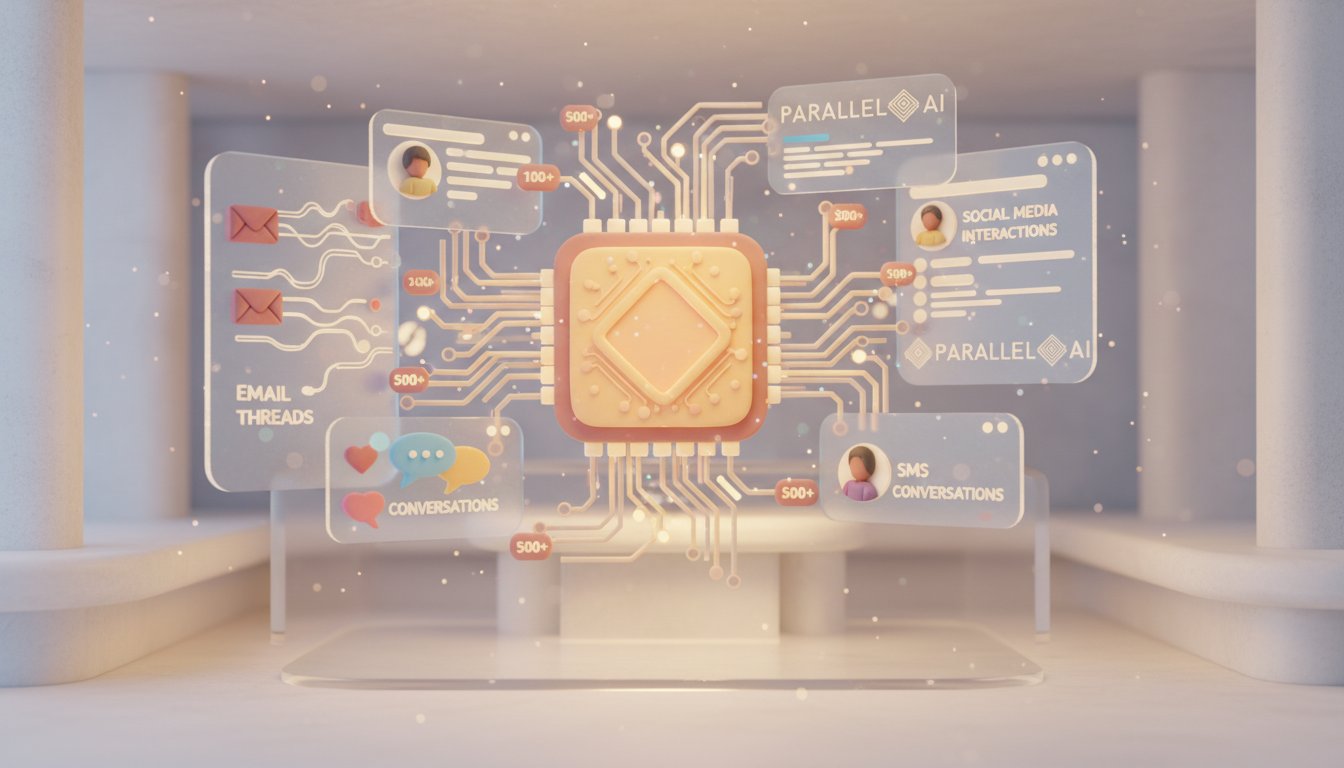 A futuristic AI sales development representative visualization showing an intelligent digital agent orchestrating multiple communication channels simultaneously, holographic interface displays showing email threads, social media interactions, and SMS conversations flowing in organized streams, center focus on a glowing AI core processor with neural network patterns, surrounding the core are floating data points representing 500+ daily prospect touchpoints, modern workspace setting with clean minimalist design, soft blue and purple ambient lighting creating a professional tech atmosphere, gentle particles of light representing data transmission, smooth glass-like surfaces reflecting the AI interface, depth of field focusing on the central AI core with subtle blur on background elements, conveying efficiency and scale of automated sales development, professional aesthetic of a modern AI platform, in AirBNB claymation style, soft pastel color palette with warm tones, gentle and playful textures, diffused natural lighting, balanced composition with centered focus, matte finish with handcrafted feel, warm inviting mood blending technological innovation with cozy charm --ar 16:9 --style raw --v 6 (with template: pngtree-d-realistic-wooden-art-frame-held-by-human-hand-on-transparent-png-image_14808244)
