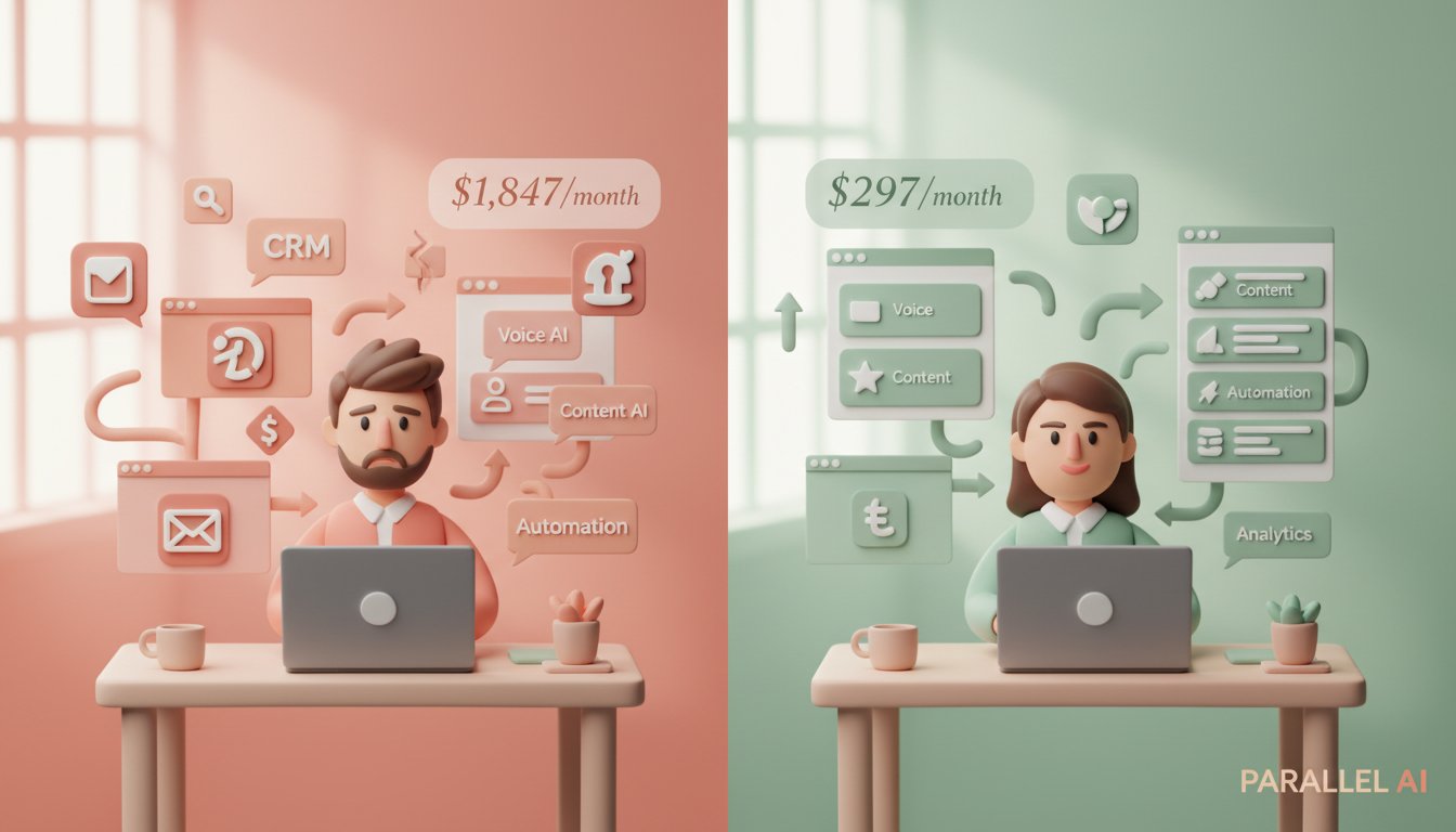 Split-screen comparison visualization showing a frustrated solopreneur surrounded by multiple floating platform logos and payment notifications on the left side (representing Retell AI + 6 other tools), contrasted with a confident entrepreneur working on a single unified dashboard on the right side (representing Parallel AI). The left side should feel chaotic with fragmented screens, dollar signs, and disconnected workflow arrows creating visual clutter. The right side should feel calm and organized with a clean, integrated interface showing voice, content, CRM, and automation features in one cohesive system. Center the composition with a subtle dividing line or gradient transition between chaos and simplicity. Use warm coral and soft pink tones for the cluttered side, transitioning to calming mint and sage greens for the unified side. Include floating cost indicators ($1,847/month vs $297/month) in elegant typography. Professional workspace setting with modern laptop, coffee cup, and minimal desk accessories. Soft diffused lighting from a nearby window creating gentle shadows. Incorporate the Parallel AI logo subtly in the bottom right corner to maintain brand presence without overwhelming the narrative, in AirBNB claymation style, soft pastel color palette with warm tones, gentle and playful textures, diffused natural lighting, balanced composition with centered focus, matte finish with handcrafted feel, warm inviting mood blending technological innovation with cozy charm --ar 16:9 --style raw --v 6 professional aesthetic of a modern AI platform, in AirBNB claymation style, soft pastel color palette with warm tones, gentle and playful textures, diffused natural lighting, balanced composition with centered focus, matte finish with handcrafted feel, warm inviting mood blending technological innovation with cozy charm --ar 16:9 --style raw --v 6 (with template: pngtree-d-realistic-wooden-art-frame-held-by-human-hand-on-transparent-png-image_14808244)