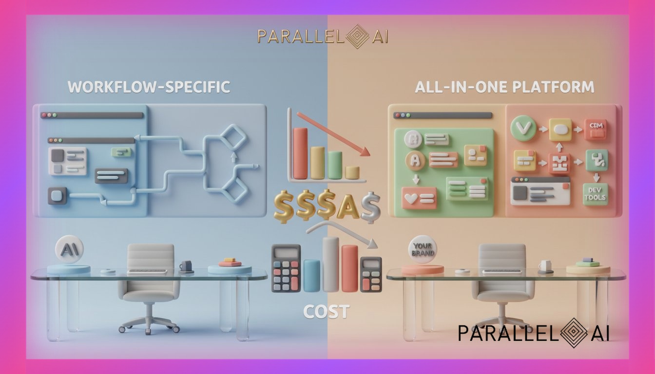 Split-screen comparison visualization showing two distinct AI platform approaches: left side displays a minimalist workspace with a single sophisticated AI agent builder interface floating in a clean environment with precise geometric workflow diagrams, while right side shows a comprehensive toolkit workspace bursting with multiple integrated tools, white-label branding elements, and diverse application interfaces all harmoniously organized. The center features a dramatic cost comparison element with dollar signs and calculator symbols. Professional business setting with modern glass desk, ambient office lighting creating soft shadows, subtle depth of field keeping focus on the platform comparison. Color palette emphasizes the contrast between specialized (cool blues and grays) versus comprehensive (warm, inviting multi-colored interface elements). Photorealistic render with clean, corporate aesthetic showing the tangible difference between workflow-specific and all-in-one solutions, professional aesthetic of a modern AI platform, in AirBNB claymation style, soft pastel color palette with warm tones, gentle and playful textures, diffused natural lighting, balanced composition with centered focus, matte finish with handcrafted feel, warm inviting mood blending technological innovation with cozy charm --ar 16:9 --style raw --v 6 (with template: New Frame)