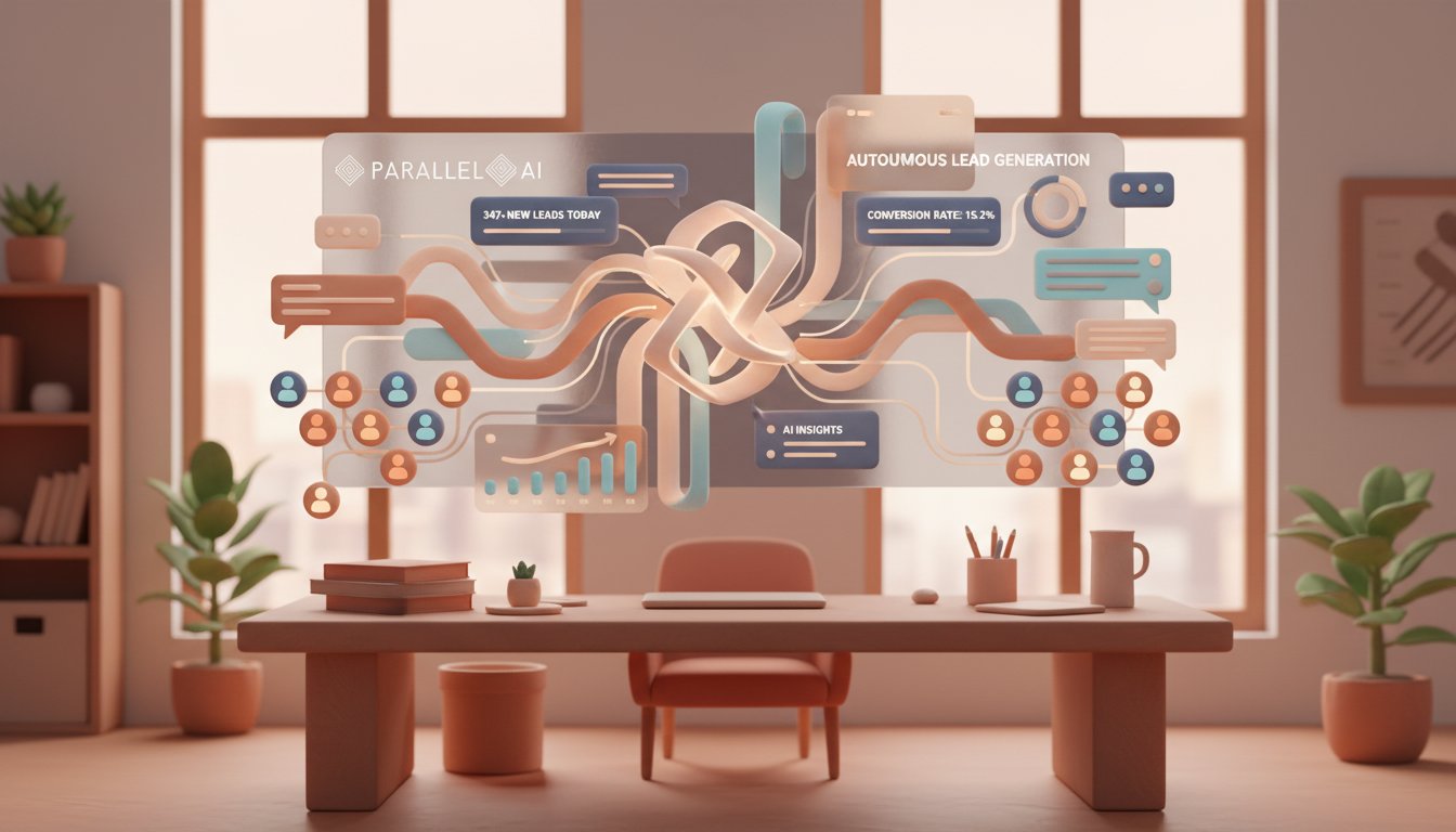 A sophisticated AI-powered sales dashboard visualization showing autonomous lead generation metrics, featuring holographic data streams flowing into a central AI agent interface, 300+ lead indicators glowing in warm amber and soft blue tones, futuristic yet approachable design with floating UI elements, clean modern workspace setting with subtle depth of field, the AI agent represented as an elegant abstract form rather than humanoid, professional business environment with natural lighting streaming through windows, emphasis on automation and efficiency through visual flow patterns, sleek minimalist aesthetic balancing technology with human warmth, incorporate professional aesthetic of a modern AI platform, in AirBNB claymation style, soft pastel color palette with warm tones, gentle and playful textures, diffused natural lighting, balanced composition with centered focus, matte finish with handcrafted feel, warm inviting mood blending technological innovation with cozy charm --ar 16:9 --style raw --v 6