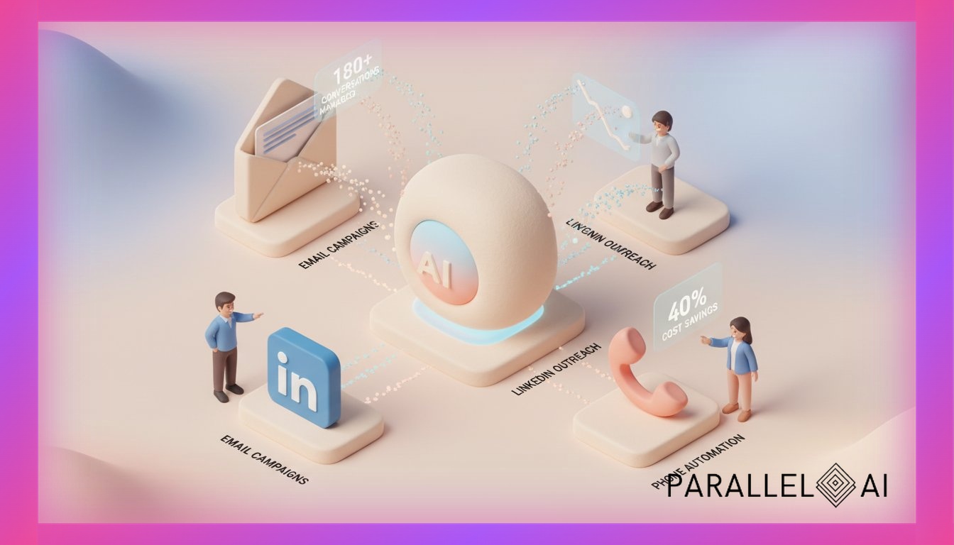 A sophisticated isometric illustration of an AI-powered sales agent system showing multiple communication channels (email, LinkedIn, phone) converging into a central AI node, with small clay-textured human figures representing solopreneurs confidently managing the system. The scene should show data streams flowing between channels, visualized as soft glowing particles in pastel blues and warm oranges. Include subtle floating UI elements showing conversation metrics (180+ conversations) and cost savings indicators. The composition should emphasize accessibility and ease-of-use, with the AI system appearing approachable rather than complex. Shot from a slightly elevated angle to show the full ecosystem, with clean modern typography labels. Professional aesthetic of a modern AI platform, in AirBNB claymation style, soft pastel color palette with warm tones, gentle and playful textures, diffused natural lighting, balanced composition with centered focus, matte finish with handcrafted feel, warm inviting mood blending technological innovation with cozy charm --ar 16:9 --style raw --v 6 professional aesthetic of a modern AI platform, in AirBNB claymation style, soft pastel color palette with warm tones, gentle and playful textures, diffused natural lighting, balanced composition with centered focus, matte finish with handcrafted feel, warm inviting mood blending technological innovation with cozy charm --ar 16:9 --style raw --v 6 (with template: New Frame)