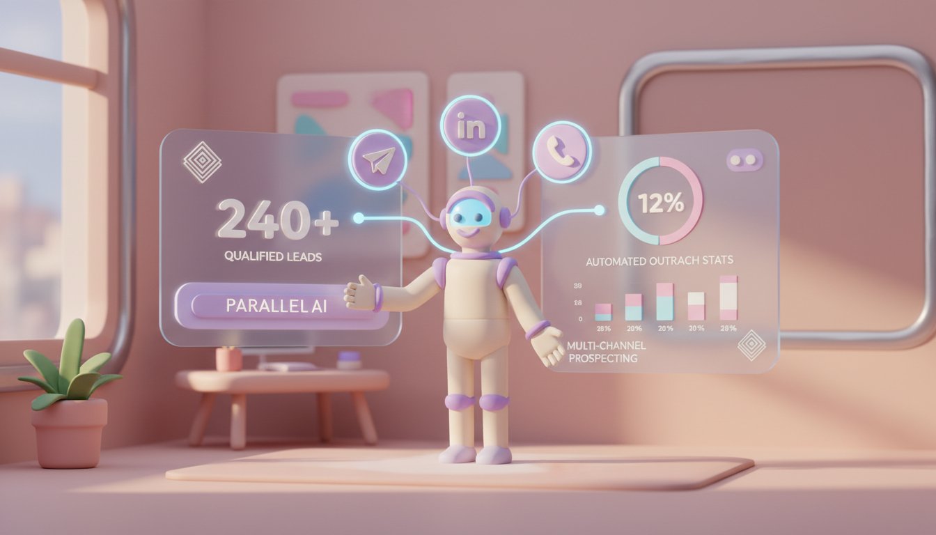 A sleek, modern dashboard interface showing AI SDR metrics and analytics on floating holographic screens, with clean data visualizations displaying 240+ qualified leads, conversion rates, and automated outreach statistics. Central focus on a sophisticated AI agent avatar conducting multi-channel prospecting across email, LinkedIn, and phone. Professional tech aesthetic with glowing blue and purple accent lights, depth of field showing virtual office environment in soft blur background. Ultra-modern workspace with minimalist design, chrome and glass materials reflecting ambient light. Incorporate Parallel AI branding elements subtly in the dashboard interface. Shot from a slightly elevated angle for dynamic perspective, cinematic lighting with cool color temperature suggesting innovation and efficiency. Photorealistic rendering with subtle bokeh effects, professional aesthetic of a modern AI platform, in AirBNB claymation style, soft pastel color palette with warm tones, gentle and playful textures, diffused natural lighting, balanced composition with centered focus, matte finish with handcrafted feel, warm inviting mood blending technological innovation with cozy charm --ar 16:9 --style raw --v 6