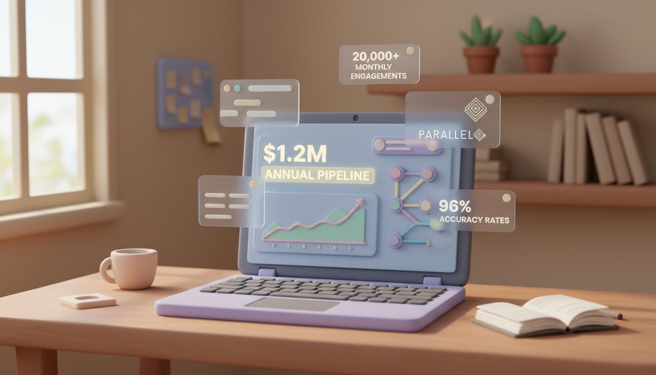 A sophisticated AI-powered business development dashboard display showing autonomous prospecting metrics, floating holographic interface elements with pipeline statistics ($1.2M annual pipeline highlighted), prospect engagement graphs trending upward, and AI agent automation workflows visualized as interconnected nodes. The scene features a clean, modern workspace with a laptop displaying the BDR dashboard, subtle data visualization overlays in the air showing 20,000+ monthly engagements and 96% accuracy rates. Professional lighting with soft shadows, minimalist desk setup with a coffee cup and notebook, warm ambient glow from the screen. The composition balances technological sophistication with accessible solopreneur aesthetics, using depth of field to focus on the central dashboard while keeping the workspace context visible. Cool blues and purples for the tech elements contrasted with warm wooden desk tones. Incorporate Parallel AI branding subtly in the interface design. Photorealistic style with slight digital enhancement, clean and inspiring mood that conveys empowerment and efficiency. professional aesthetic of a modern AI platform, in AirBNB claymation style, soft pastel color palette with warm tones, gentle and playful textures, diffused natural lighting, balanced composition with centered focus, matte finish with handcrafted feel, warm inviting mood blending technological innovation with cozy charm --ar 16:9 --style raw --v 6