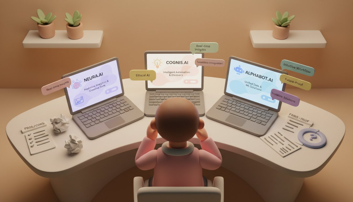 A confused professional sitting at a modern desk with three glowing laptop screens displaying different AI platform interfaces, each screen showing competing features and promises, overhead view perspective, soft warm lighting illuminating the workspace, person's hand thoughtfully touching chin in contemplation, scattered notes and comparison charts on desk, subtle glow from screens creating ambient lighting, environment has clean minimal aesthetic with plants in background, capture the moment of decision-making paralysis, focus on the overwhelming choice between similar-looking platforms, professional aesthetic of a modern AI platform, in AirBNB claymation style, soft pastel color palette with warm tones, gentle and playful textures, diffused natural lighting, balanced composition with centered focus, matte finish with handcrafted feel, warm inviting mood blending technological innovation with cozy charm --ar 16:9 --style raw --v 6