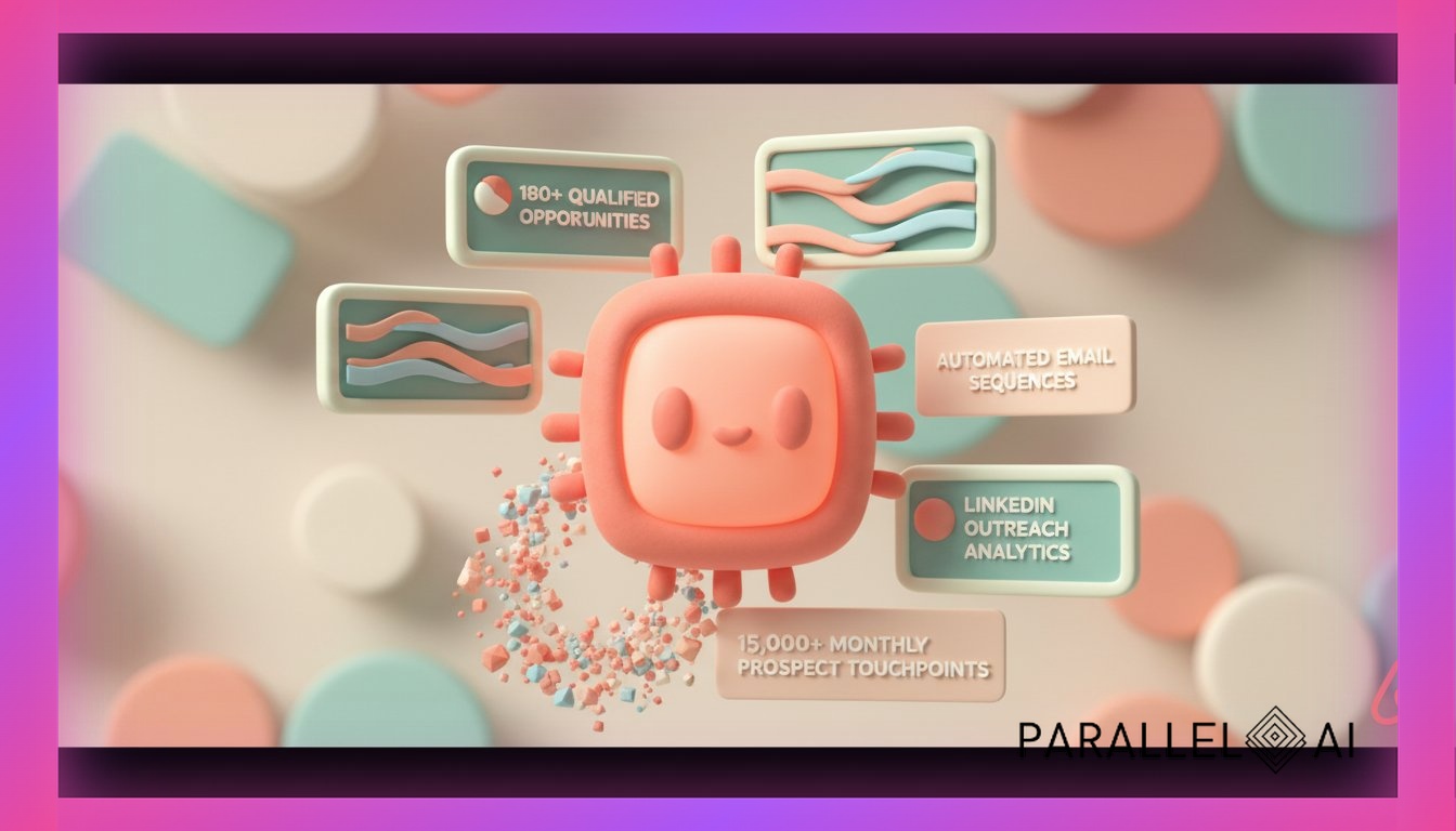 A futuristic AI business development agent visualization showing a holographic interface with flowing data streams and prospect engagement metrics, centered composition featuring a glowing AI core surrounded by floating screens displaying 180+ qualified opportunities, automated email sequences, and LinkedIn outreach analytics. Modern tech aesthetic with soft geometric patterns and particle effects representing 15,000+ monthly prospect touchpoints. Clean, minimalist design with depth and dimensionality. Incorporate the brand logo in the bottom right corner as a subtle branded element. Professional aesthetic of a modern AI platform, in AirBNB claymation style, soft pastel color palette with warm tones (coral, peach, mint, cream), gentle and playful textures, diffused natural lighting, balanced composition with centered focus, matte finish with handcrafted feel, warm inviting mood blending technological innovation with cozy charm --ar 16:9 --style raw --v 6 professional aesthetic of a modern AI platform, in AirBNB claymation style, soft pastel color palette with warm tones, gentle and playful textures, diffused natural lighting, balanced composition with centered focus, matte finish with handcrafted feel, warm inviting mood blending technological innovation with cozy charm --ar 16:9 --style raw --v 6 (with template: New Frame)