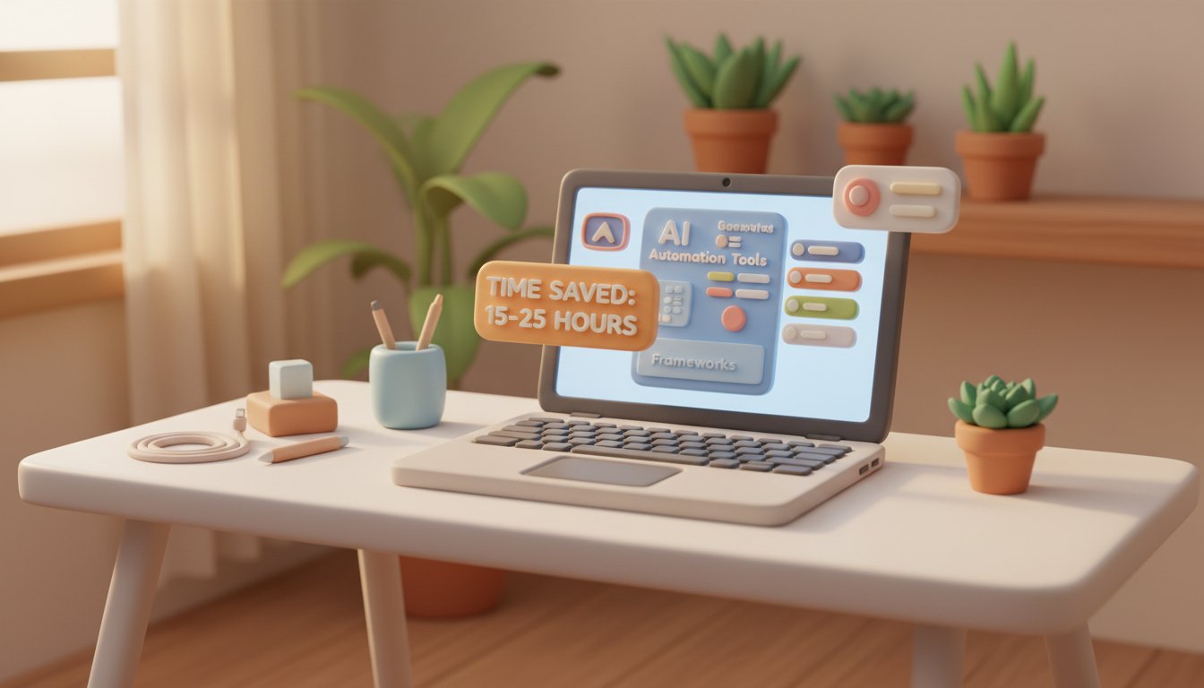A modern workspace scene showing an organized digital dashboard on a laptop screen displaying AI automation tools and frameworks, surrounded by minimalist desk accessories, clean white desk surface, natural morning light streaming from the left, shallow depth of field with focus on the screen, professional yet approachable atmosphere, soft shadows, contemporary tech aesthetic with floating UI elements showing time saved metrics (15-25 hours highlighted), warm wood accents, plants in background suggesting work-life balance, photorealistic style with slight editorial enhancement, professional aesthetic of a modern AI platform, in AirBNB claymation style, soft pastel color palette with warm tones, gentle and playful textures, diffused natural lighting, balanced composition with centered focus, matte finish with handcrafted feel, warm inviting mood blending technological innovation with cozy charm --ar 16:9 --style raw --v 6