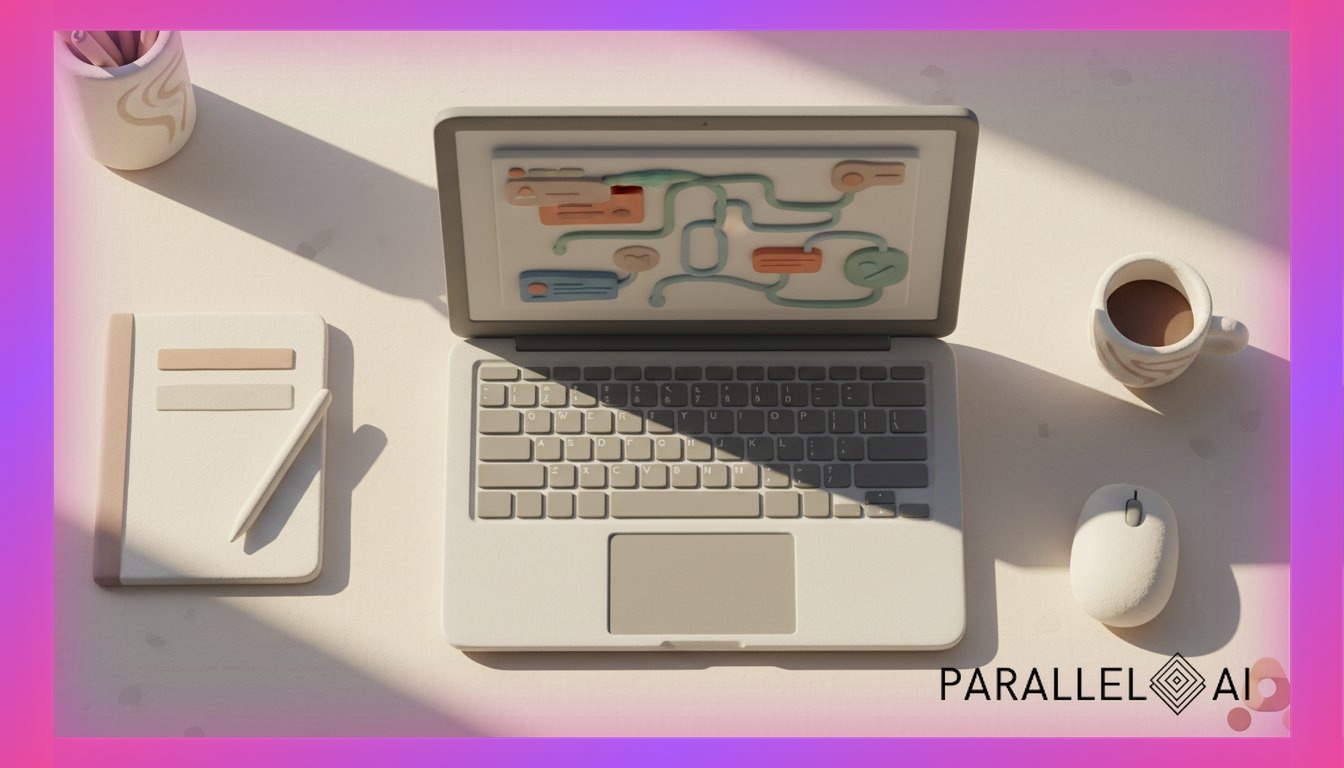 A sleek modern workspace desk viewed from above, featuring a single laptop displaying a dashboard with interconnected AI tools and workflow automation nodes, surrounded by minimalist stationery items including a clean notepad, wireless mouse, and coffee cup. The composition should emphasize simplicity over complexity, with warm natural lighting streaming from the left creating subtle shadows. Use a professional yet approachable aesthetic with soft edges and organic textures. Color palette of warm whites, soft grays, and subtle accent colors suggesting efficiency and accessibility. The scene should convey the power of streamlined AI tools for solo professionals without overwhelming technical complexity. Include subtle brand elements in the bottom right corner referencing the logo style. Professional aesthetic of a modern AI platform, in AirBNB claymation style, soft pastel color palette with warm tones, gentle and playful textures, diffused natural lighting, balanced composition with centered focus, matte finish with handcrafted feel, warm inviting mood blending technological innovation with cozy charm --ar 16:9 --style raw --v 6 professional aesthetic of a modern AI platform, in AirBNB claymation style, soft pastel color palette with warm tones, gentle and playful textures, diffused natural lighting, balanced composition with centered focus, matte finish with handcrafted feel, warm inviting mood blending technological innovation with cozy charm --ar 16:9 --style raw --v 6 (with template: New Frame)