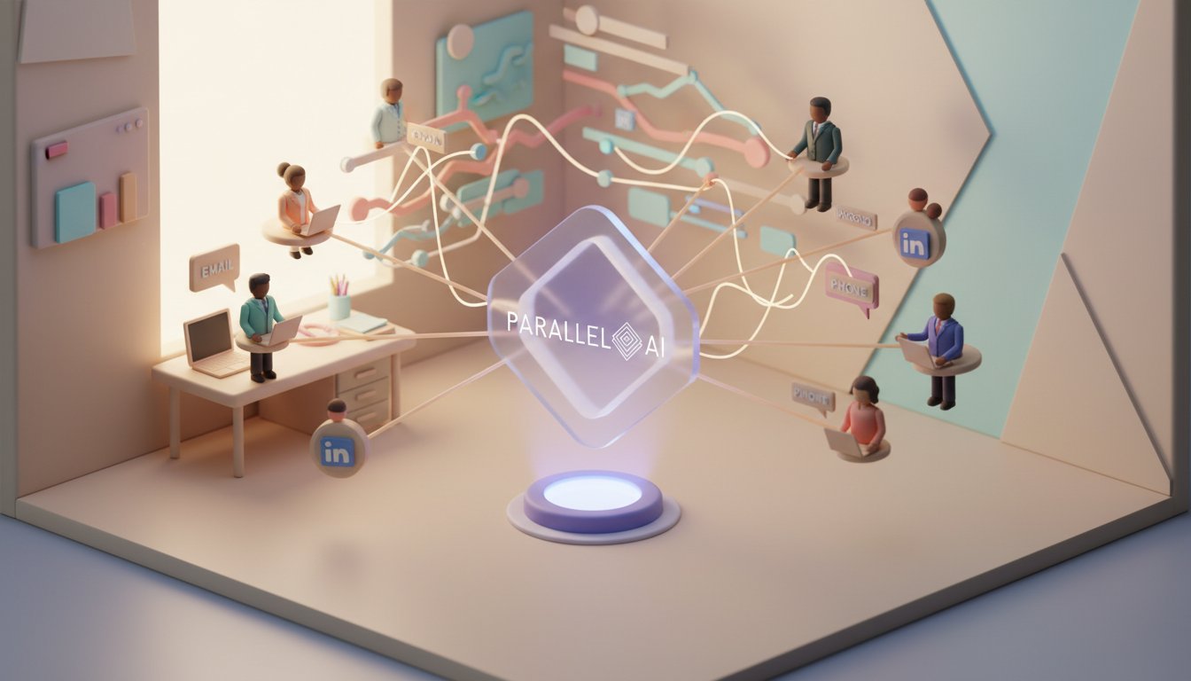 A futuristic AI business development representative depicted as a sophisticated holographic interface floating in a modern minimalist workspace, showing multiple communication channels (email, LinkedIn, phone) radiating outward in glowing lines connecting to silhouettes of diverse business professionals, data streams and analytics flowing in the background, warm ambient lighting with soft blue and purple accent glows, isometric perspective showing scale and reach, professional yet approachable atmosphere conveying 24/7 automation and human connection, depth of field with sharp focus on central AI interface, subtle motion blur on data streams suggesting constant activity, professional aesthetic of a modern AI platform, in AirBNB claymation style, soft pastel color palette with warm tones, gentle and playful textures, diffused natural lighting, balanced composition with centered focus, matte finish with handcrafted feel, warm inviting mood blending technological innovation with cozy charm --ar 16:9 --style raw --v 6