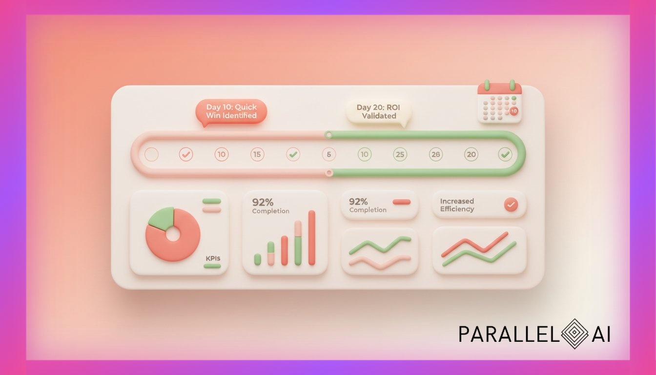 A sleek, modern dashboard interface displaying a 30-day validation timeline with progress metrics and checkmarks, set against a soft gradient background transitioning from warm coral to cream. The dashboard features clean typography showing key performance indicators like 'Day 10: Quick Win Identified' and 'Day 20: ROI Validated' with gentle glowing indicators. Include subtle geometric shapes and rounded containers holding data visualizations. The scene should feel organized yet approachable, with a calendar widget showing marked milestones. Incorporate floating UI elements with soft drop shadows, creating depth. The composition should be centered with balanced whitespace, showing both analytical precision and user-friendly design. Soft directional lighting from top-left creates gentle highlights on the interface elements, professional aesthetic of a modern AI platform, in AirBNB claymation style, soft pastel color palette with warm tones, gentle and playful textures, diffused natural lighting, balanced composition with centered focus, matte finish with handcrafted feel, warm inviting mood blending technological innovation with cozy charm --ar 16:9 --style raw --v 6 (with template: New Frame)