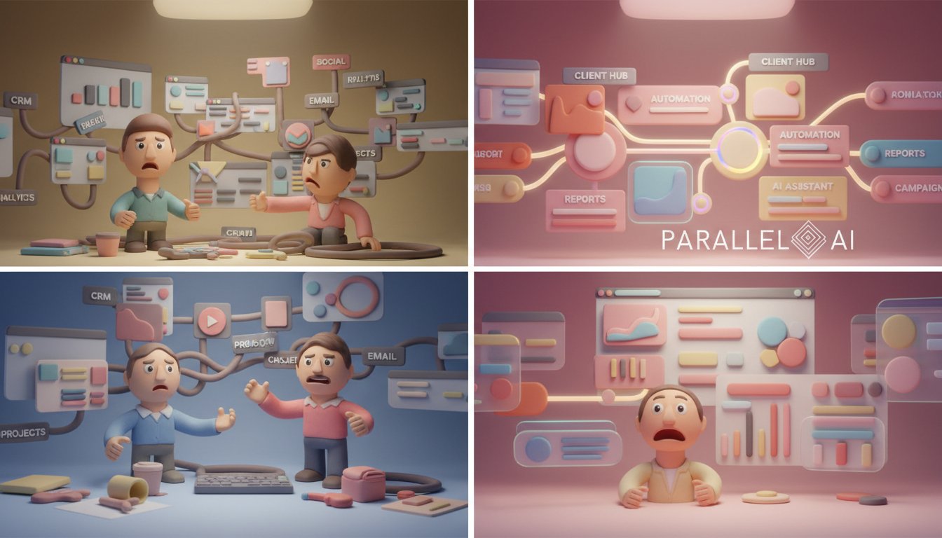 Split-screen comparison visualization showing two contrasting approaches to agency AI platforms: left side depicts a chaotic workspace with multiple disconnected tools, scattered interface windows, tangled connection lines, fragmented workflows in muted grays and blues representing inefficiency; right side shows a unified, streamlined platform dashboard with integrated modules flowing seamlessly, clean geometric organization, connecting nodes in harmonious formation representing comprehensive automation, glowing accent lines suggesting intelligence and connectivity, modern tech aesthetic with depth and dimension, professional lighting with subtle gradients, cinematic composition emphasizing the stark contrast between fragmented and unified approaches, floating UI elements with glass morphism effects, sophisticated color blocking that guides the eye from complexity to simplicity, in AirBNB claymation style, soft pastel color palette with warm tones, gentle and playful textures, diffused natural lighting, balanced composition with centered focus, matte finish with handcrafted feel, warm inviting mood blending technological innovation with cozy charm --ar 16:9 --style raw --v 6 professional aesthetic of a modern AI platform, in AirBNB claymation style, soft pastel color palette with warm tones, gentle and playful textures, diffused natural lighting, balanced composition with centered focus, matte finish with handcrafted feel, warm inviting mood blending technological innovation with cozy charm --ar 16:9 --style raw --v 6