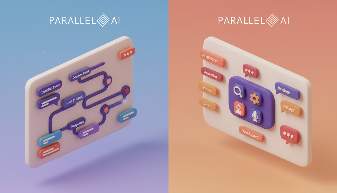 Split-screen comparison visualization showing two AI platforms side by side, left side features a detailed flowchart interface with connected nodes and conversation paths in deep purple and blue tones, right side shows a unified dashboard with multiple tool icons consolidated into one interface in warm amber and coral tones, modern tech aesthetic with floating UI elements, clean minimalist design, soft gradient backgrounds, subtle glow effects on key elements, isometric perspective view, professional technology photography style with dramatic side lighting, sharp focus on interface details, depth of field separating foreground and background elements, corporate tech feel with approachable warmth, professional aesthetic of a modern AI platform, in AirBNB claymation style, soft pastel color palette with warm tones, gentle and playful textures, diffused natural lighting, balanced composition with centered focus, matte finish with handcrafted feel, warm inviting mood blending technological innovation with cozy charm --ar 16:9 --style raw --v 6