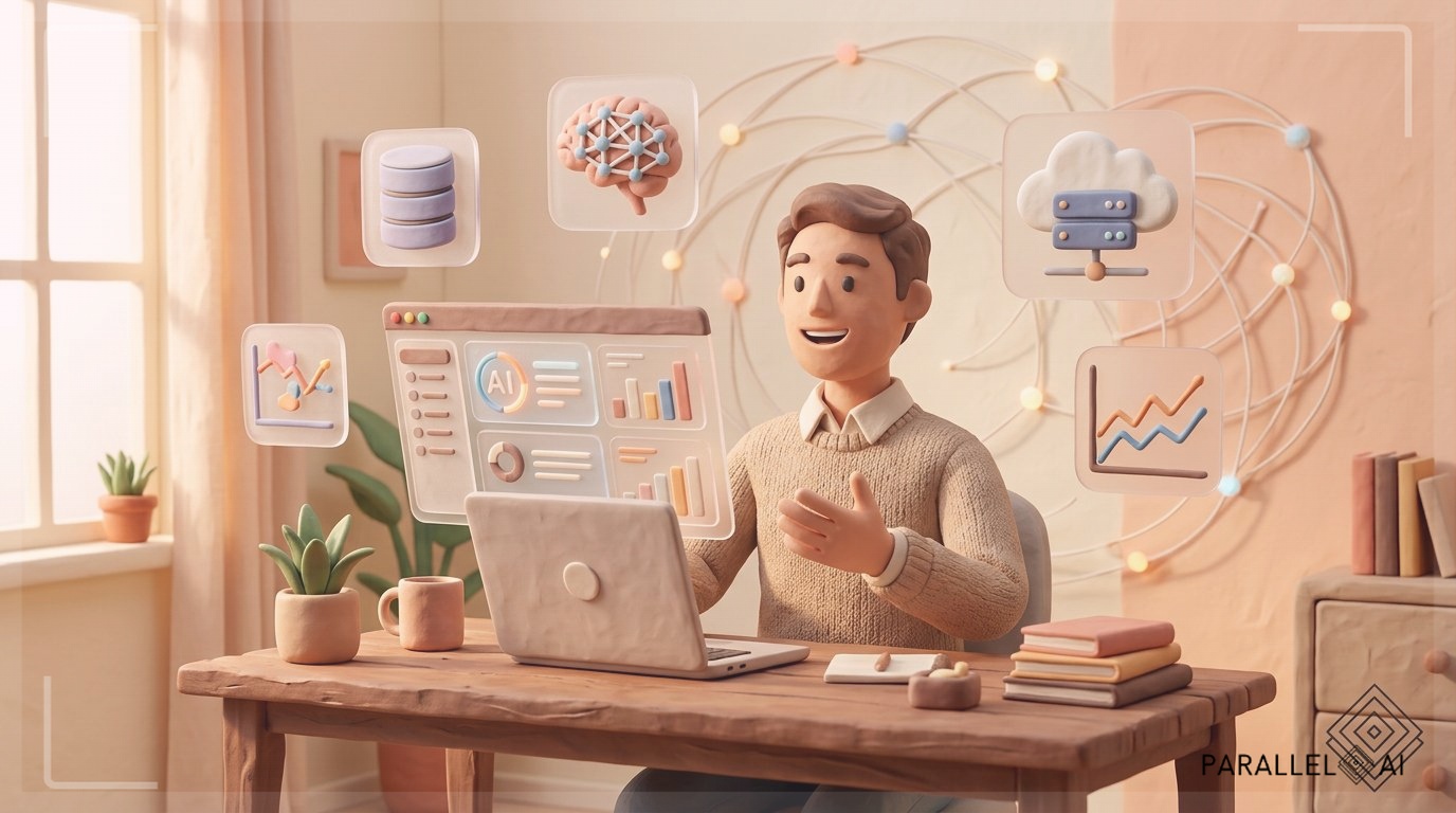 A confident entrepreneur sitting at a modern desk with a laptop, surrounded by floating holographic AI icons and visualizations representing white-label software capabilities. The scene depicts a cozy home office environment with warm ambient lighting, soft pastel walls in cream and peach tones. The person is smiling while gesturing towards a dashboard interface showing AI tools and analytics. In the background, subtle network connections and digital elements suggest the global reach of AI services. The overall aesthetic matches the AirBNB claymation style with handcrafted, tactile textures, matte finishes, and a warm inviting mood that makes cutting-edge technology feel approachable and achievable. Include small brand elements in the corner that reflect the Parallel AI logo style - a subtle geometric mark in the bottom right. --ar 16:9 --style raw --v 6 professional aesthetic of a modern AI platform, in AirBNB claymation style, soft pastel color palette with warm tones, gentle and playful textures, diffused natural lighting, balanced composition with centered focus, matte finish with handcrafted feel, warm inviting mood blending technological innovation with cozy charm --ar 16:9 --style raw --v 6 (with template: New Frame)