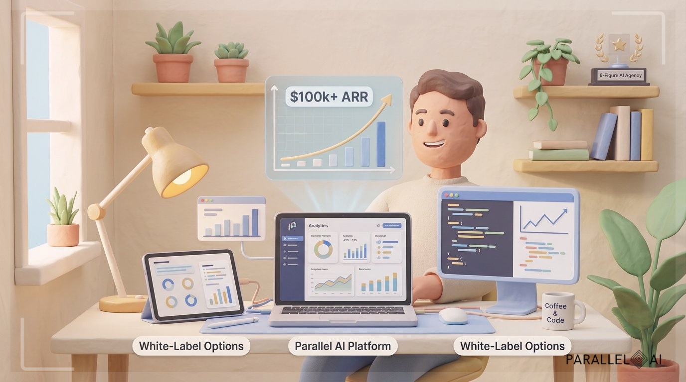 A solopreneur confidently working at a modern desk with multiple AI interface screens displaying analytics and white-label platform dashboards, representing the 6-figure AI agency opportunity. The scene shows a laptop, tablet, and holographic-style data visualizations floating above the desk. The environment blends a professional home office with futuristic AI elements. Warm ambient lighting from desk lamp and natural window light creates an inviting yet innovative atmosphere. Soft pastel color palette with warm tones—cream, light gold, soft blue, and pale green. Claymation-inspired soft textures with handcrafted feel, matte finish. Balanced composition with the entrepreneur centered and slightly elevated, conveying success and confidence. The mood is aspirational yet accessible, showing how modern AI tools democratize business growth. Include subtle tech elements like code snippets, charts showing exponential growth trends, and white-label branding options in the background. professional aesthetic of a modern AI platform, in AirBNB claymation style, soft pastel color palette with warm tones, gentle and playful textures, diffused natural lighting, balanced composition with centered focus, matte finish with handcrafted feel, warm inviting mood blending technological innovation with cozy charm --ar 16:9 --style raw --v 6 (with template: New Frame)