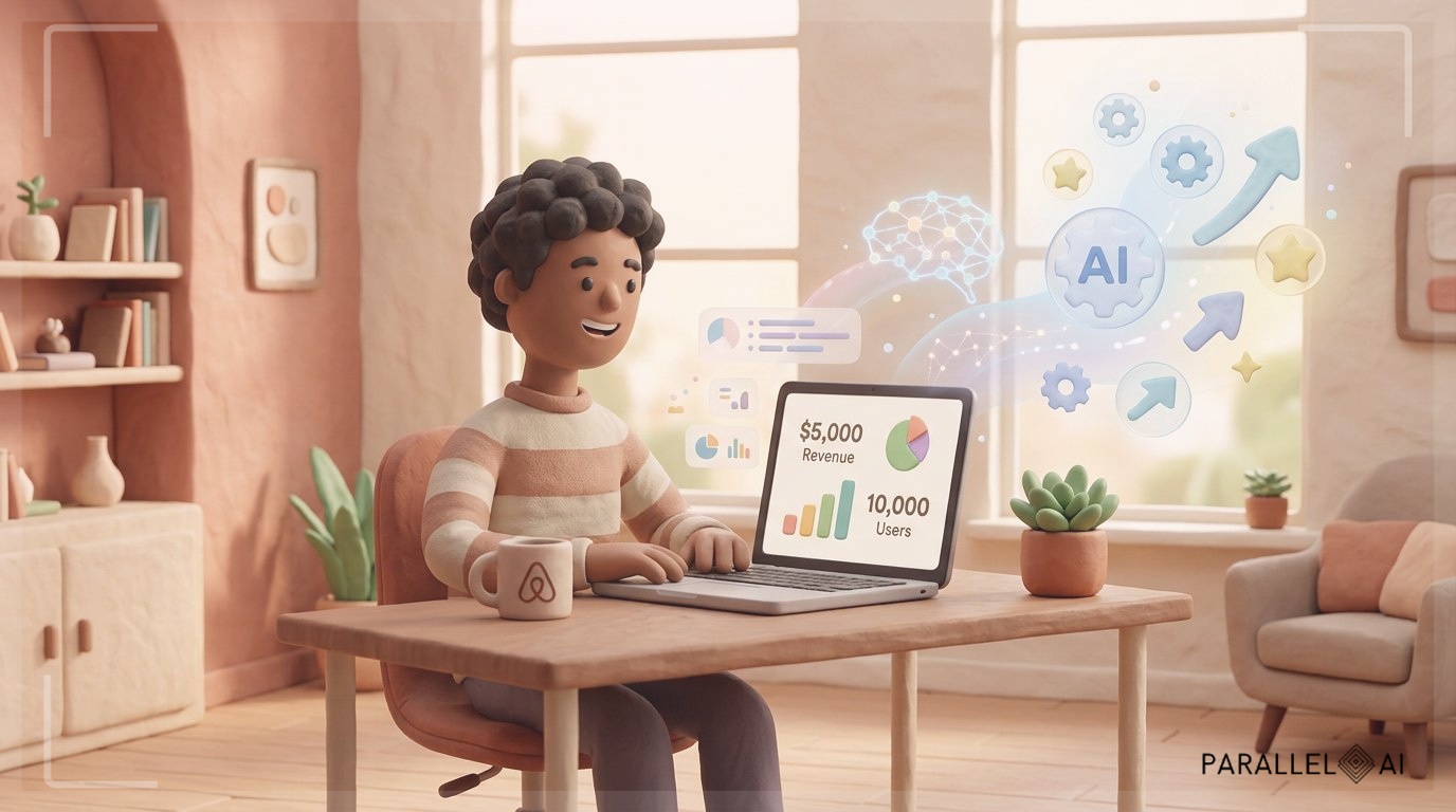 A solo entrepreneur sitting confidently at a modern, minimalist desk in a warm, inviting office space. The person is smiling while looking at a laptop screen displaying analytics and success metrics. Soft natural light streams through large windows, creating a cozy atmosphere. On the desk are coffee cups and plant elements adding warmth. Subtle AI visualization elements like gentle data streams or neural network patterns float in the background as soft, abstract shapes. The scene conveys success, simplicity, and the idea that anyone can build a profitable AI business without technical skills. Professional aesthetic of a modern AI platform, in AirBNB claymation style, soft pastel color palette with warm tones, gentle and playful textures, diffused natural lighting, balanced composition with centered focus, matte finish with handcrafted feel, warm inviting mood blending technological innovation with cozy charm --ar 16:9 --style raw --v 6 professional aesthetic of a modern AI platform, in AirBNB claymation style, soft pastel color palette with warm tones, gentle and playful textures, diffused natural lighting, balanced composition with centered focus, matte finish with handcrafted feel, warm inviting mood blending technological innovation with cozy charm --ar 16:9 --style raw --v 6 (with template: New Frame)